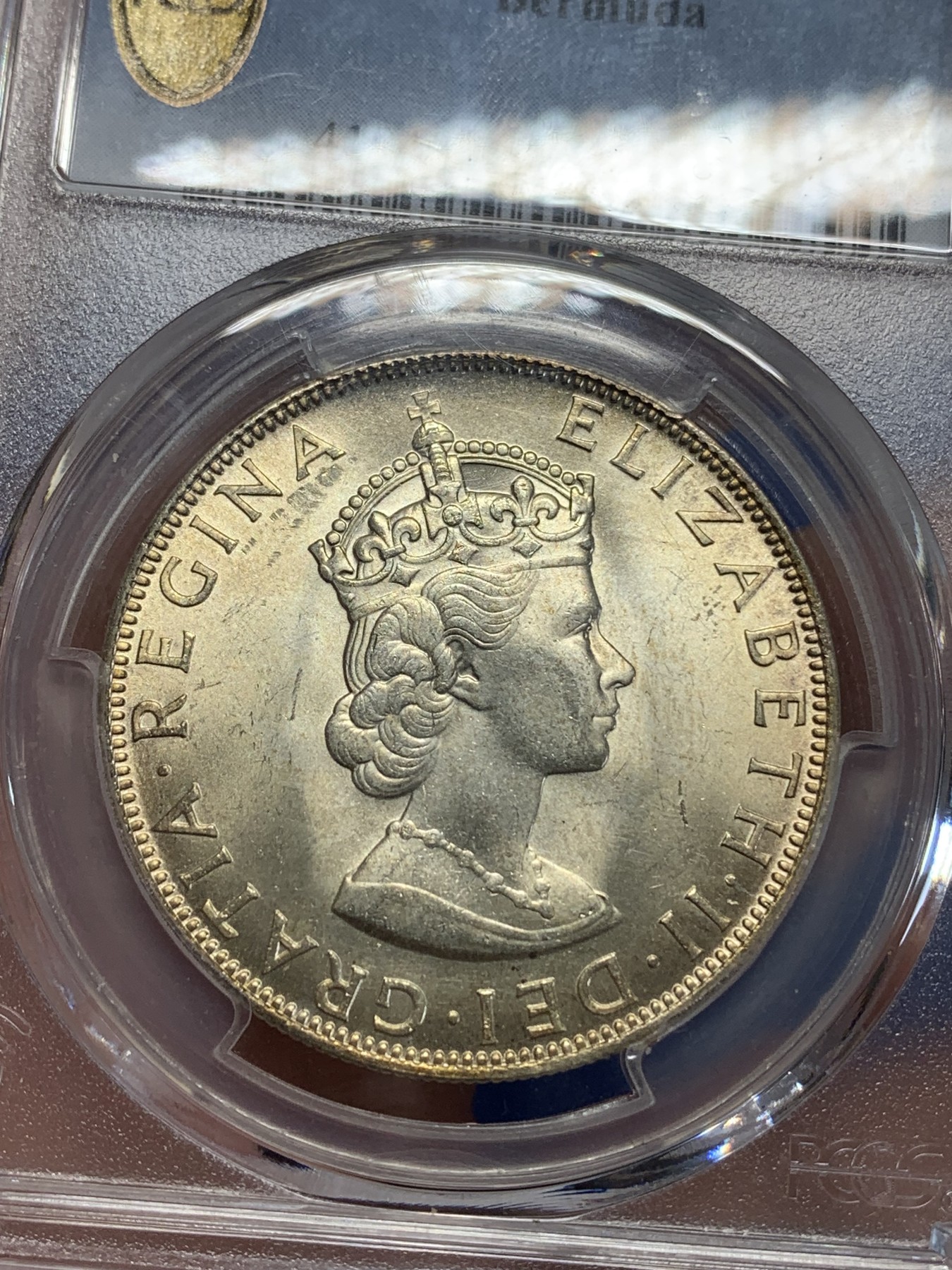 《竞宝斋》第198场-周日，周一 2场 (全场包邮) PCGS-MS64 英属百慕大群岛  1964年1克朗银币，黄油彩包浆