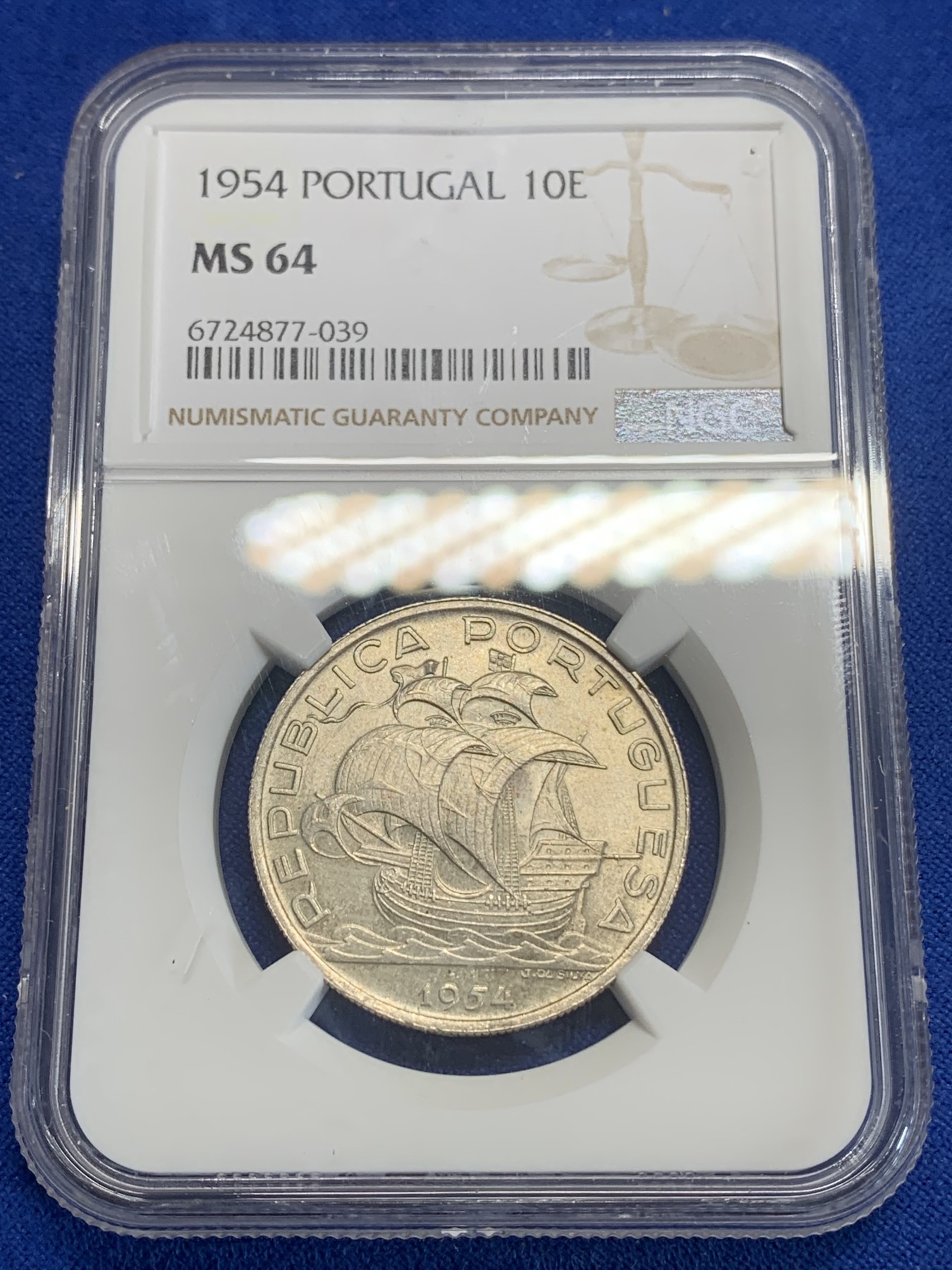 《竞宝斋》第198场-周日，周一 2场 (全场包邮) NGC-MS64 葡萄牙1954年 大帆船10埃斯库多银币