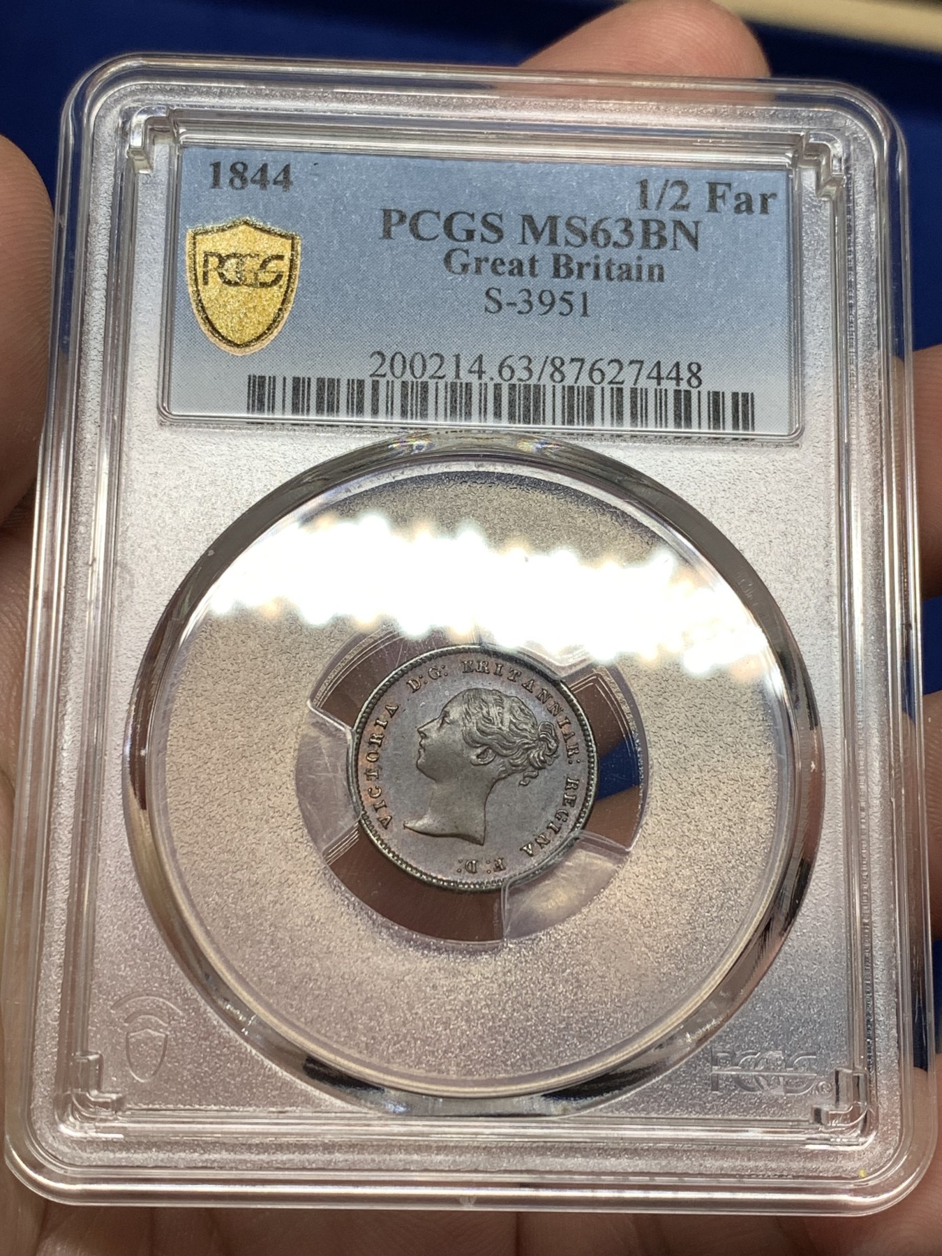 《竞宝斋》第198场-周日，周一 2场 (全场包邮) PCGS-MS63BN 英国 1844年维多利亚女王1/2法新铜币，打制锐利，女王年轻靓丽，玲珑可爱的小维头像辅币。