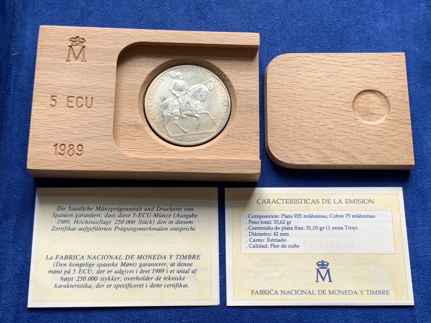 《竞宝斋》第198场-周日，周一 2场 (全场包邮) 西班牙1989年 骑士5ECU大银币 33.6克 原盒证书