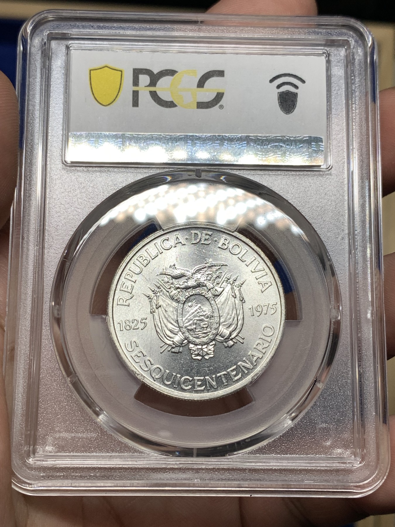 《竞宝斋》第198场-周日，周一 2场 (全场包邮) PCGS金盾 MS64、UNCD 玻利维亚1975年独立150周年纪念250比索、500比索银币一对