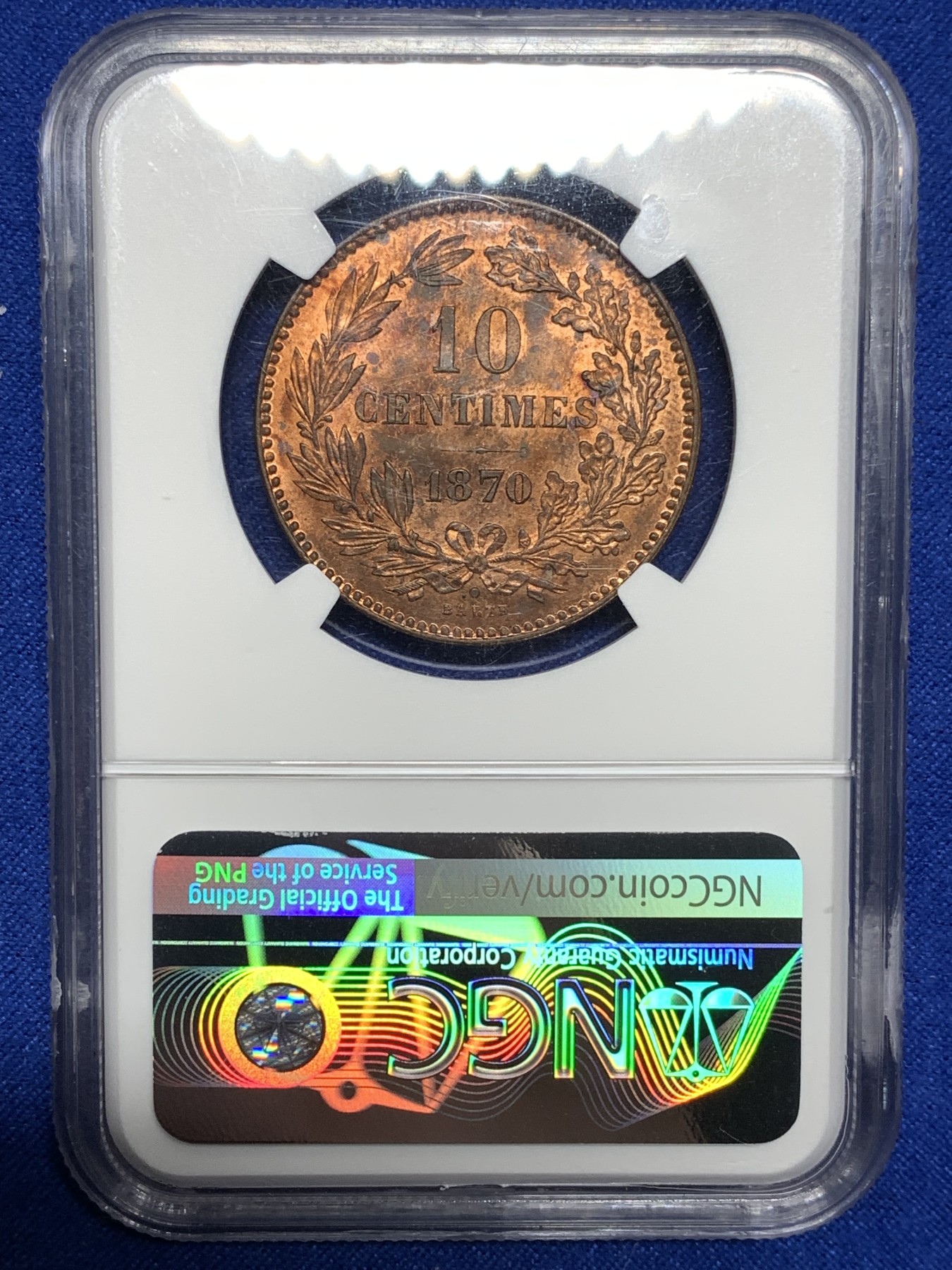 《竞宝斋》第198场-周日，周一 2场 (全场包邮) NGC-UNCD 1870年卢森堡10C大铜币，十分少见，品相十分精美