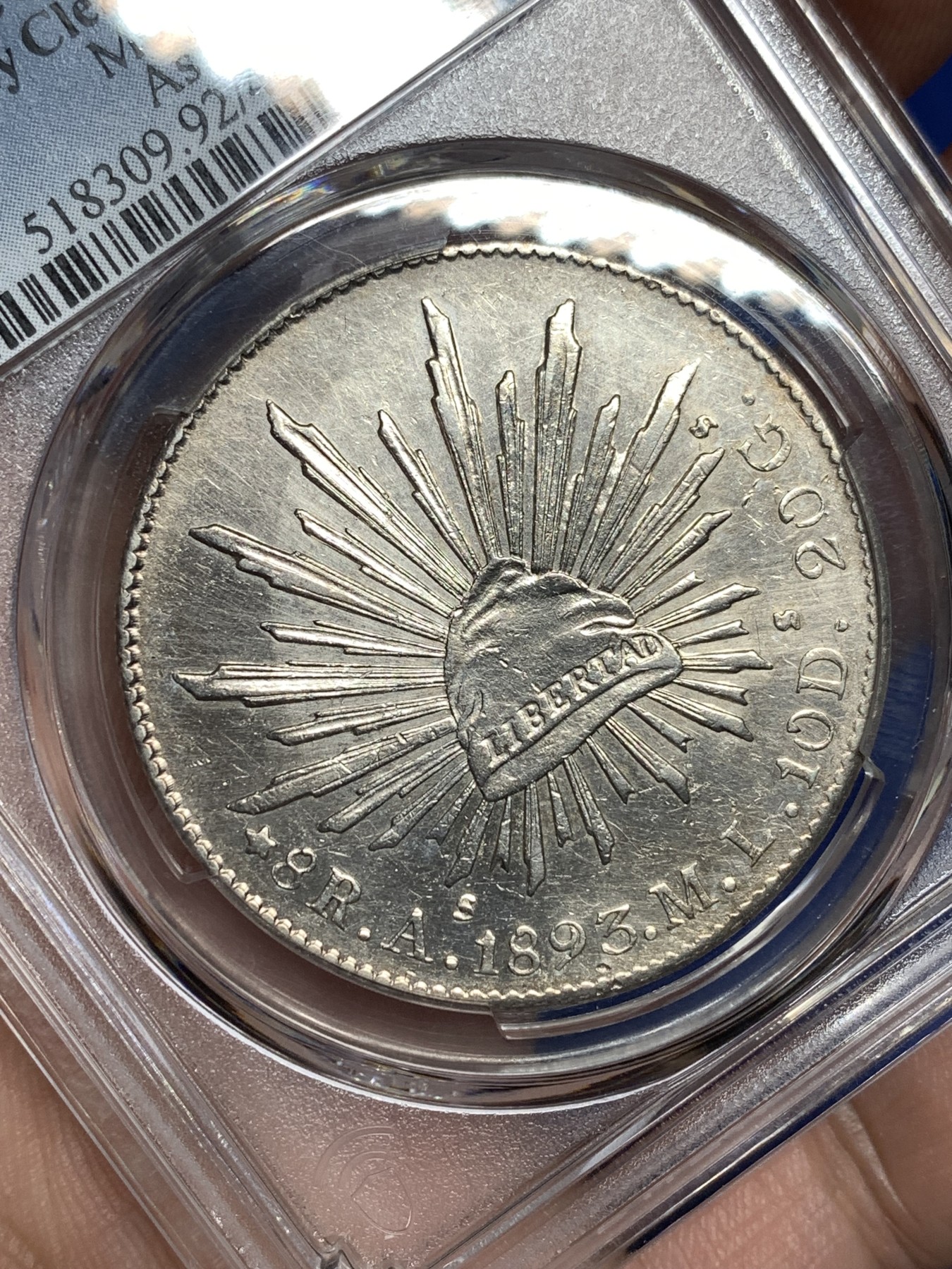 《竞宝斋》第198场-周日，周一 2场 (全场包邮) PCGS UNC 墨西哥1893年花边鹰洋8瑞尔银币 状态不错