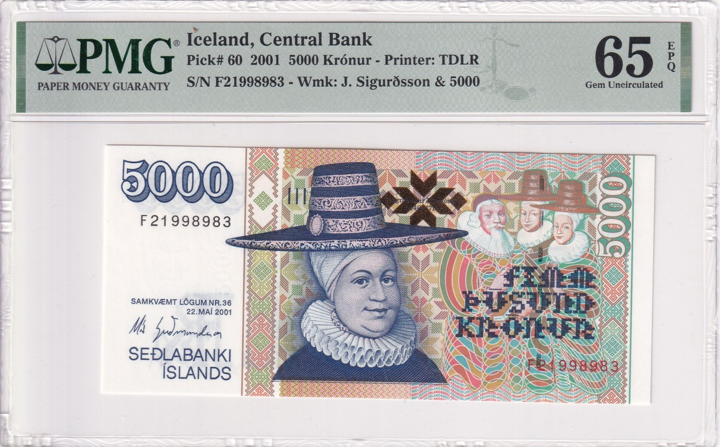乐淘淘纸币精选 第20期  【F21998983】冰岛2001年纸币 5000克朗 PMG65EPQ