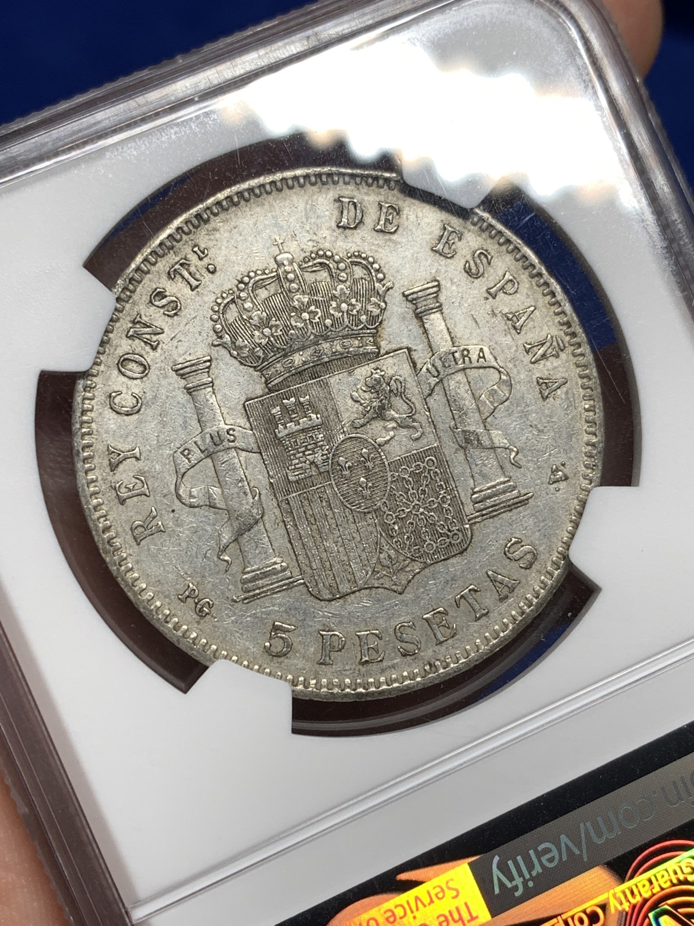 《竞宝斋》第198场-周日，周一 2场 (全场包邮) NGC-AU58 西班牙 5比塞塔 阿方索十三世 1896（96）PGV 原味状态好 少年