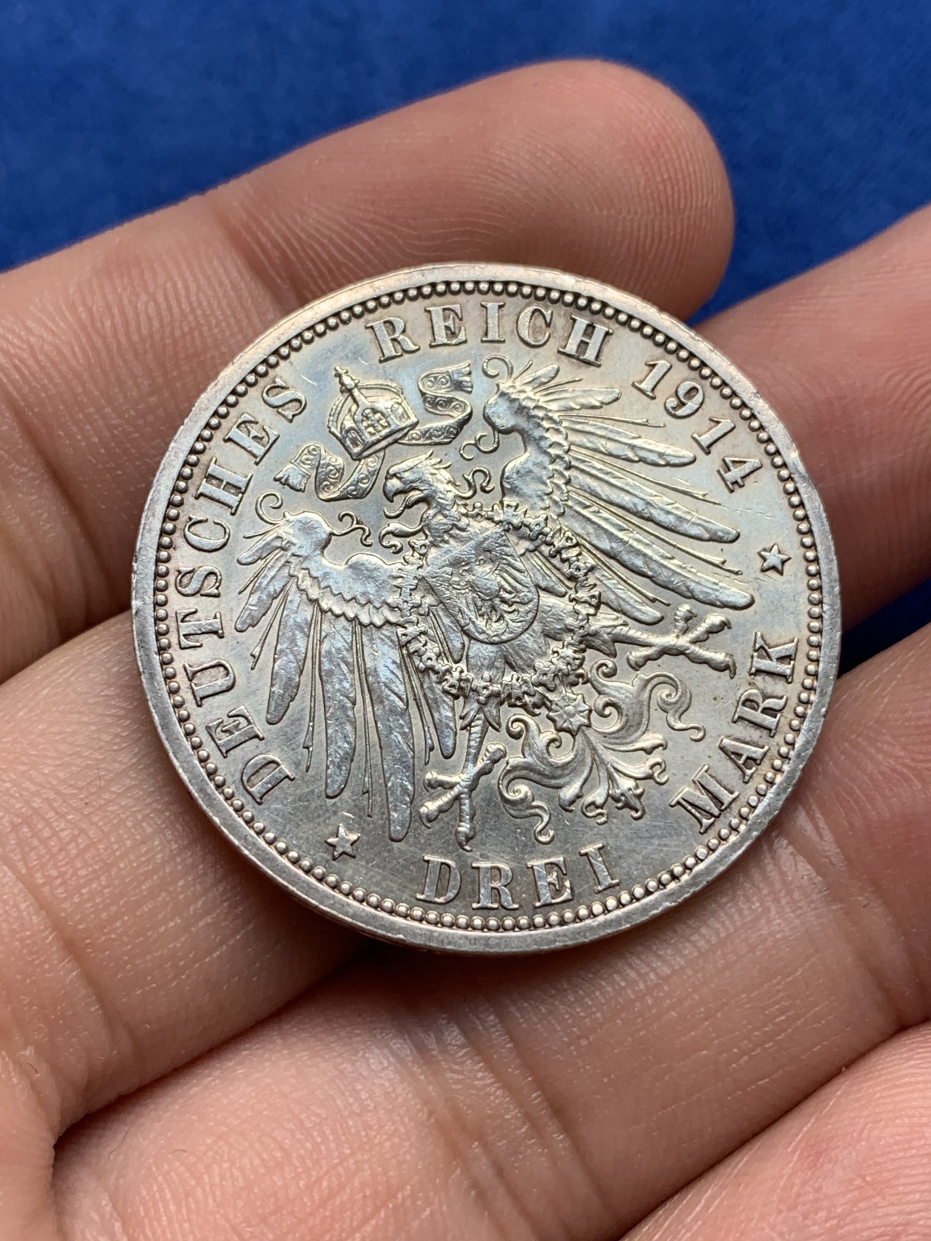 《竞宝斋》第198场-周日，周一 2场 (全场包邮) 德国威廉二世戎装3马克银币，1914年A厂