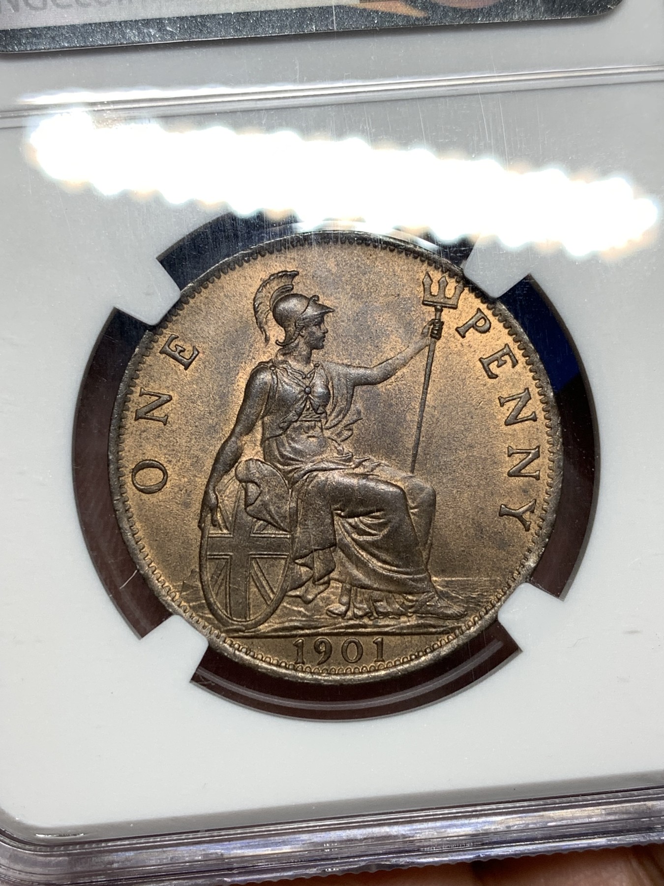 《竞宝斋》第198场-周日，周一 2场 (全场包邮) NGC-MS64 高分 英国1901年1便士大铜币 漂亮红棕色包浆