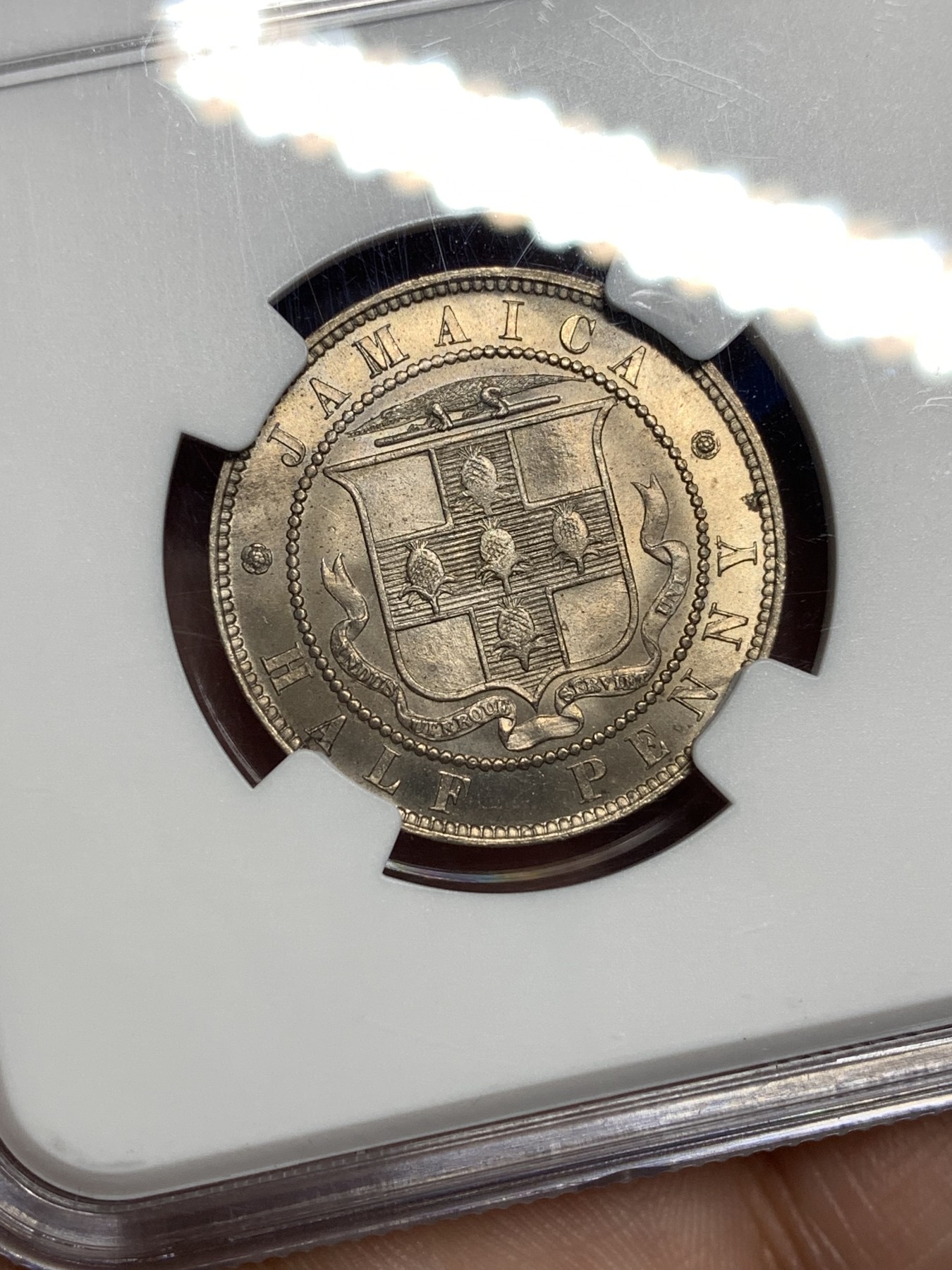 《竞宝斋》第198场-周日，周一 2场 (全场包邮) NGC-MS64 高分 牙买加1888年半便士铜镍币 转光好品