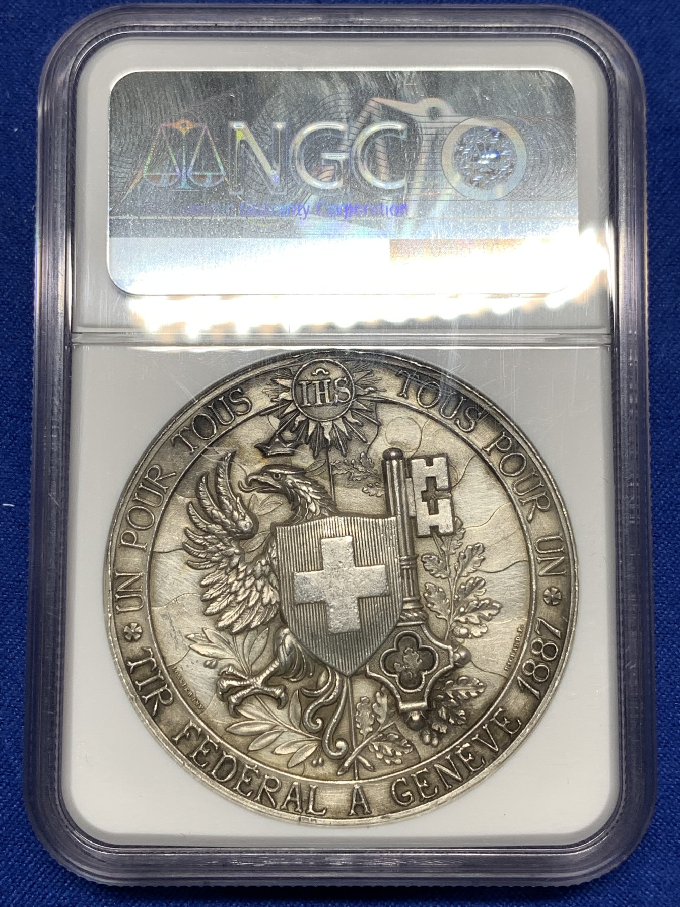 《竞宝斋》第198场-周日，周一 2场 (全场包邮) NGC UNC 瑞士1887日内瓦射击节银章 高浮雕