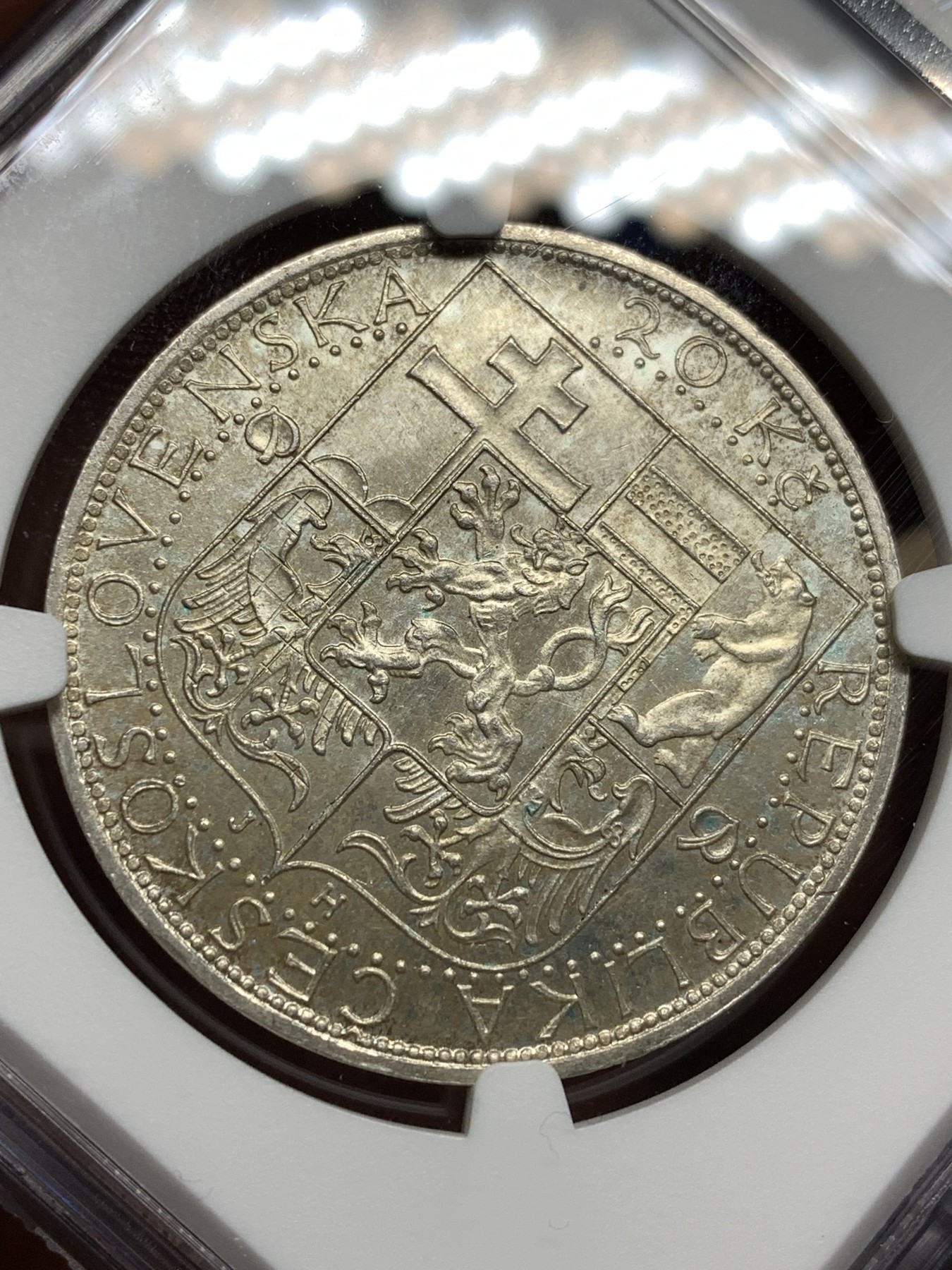 《竞宝斋》第198场-周日，周一 2场 (全场包邮) NGC-MS63 1937年捷克斯洛伐克20K银币，原光卷拆品，少见品种。