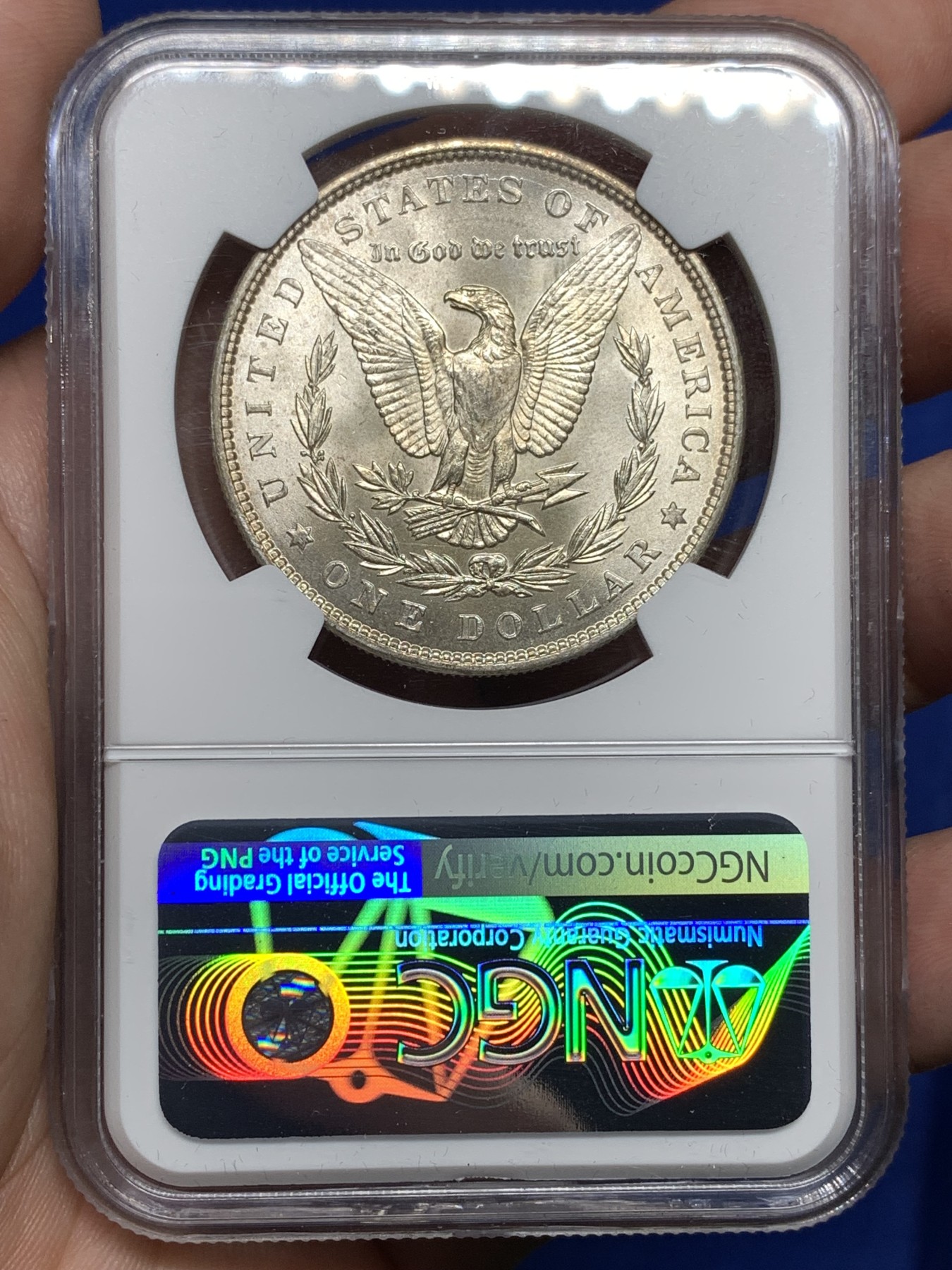 《竞宝斋》第198场-周日，周一 2场 (全场包邮) NGC-MS63 美国 1887年 摩根银币1美元 淡紫色包浆 转光感强烈