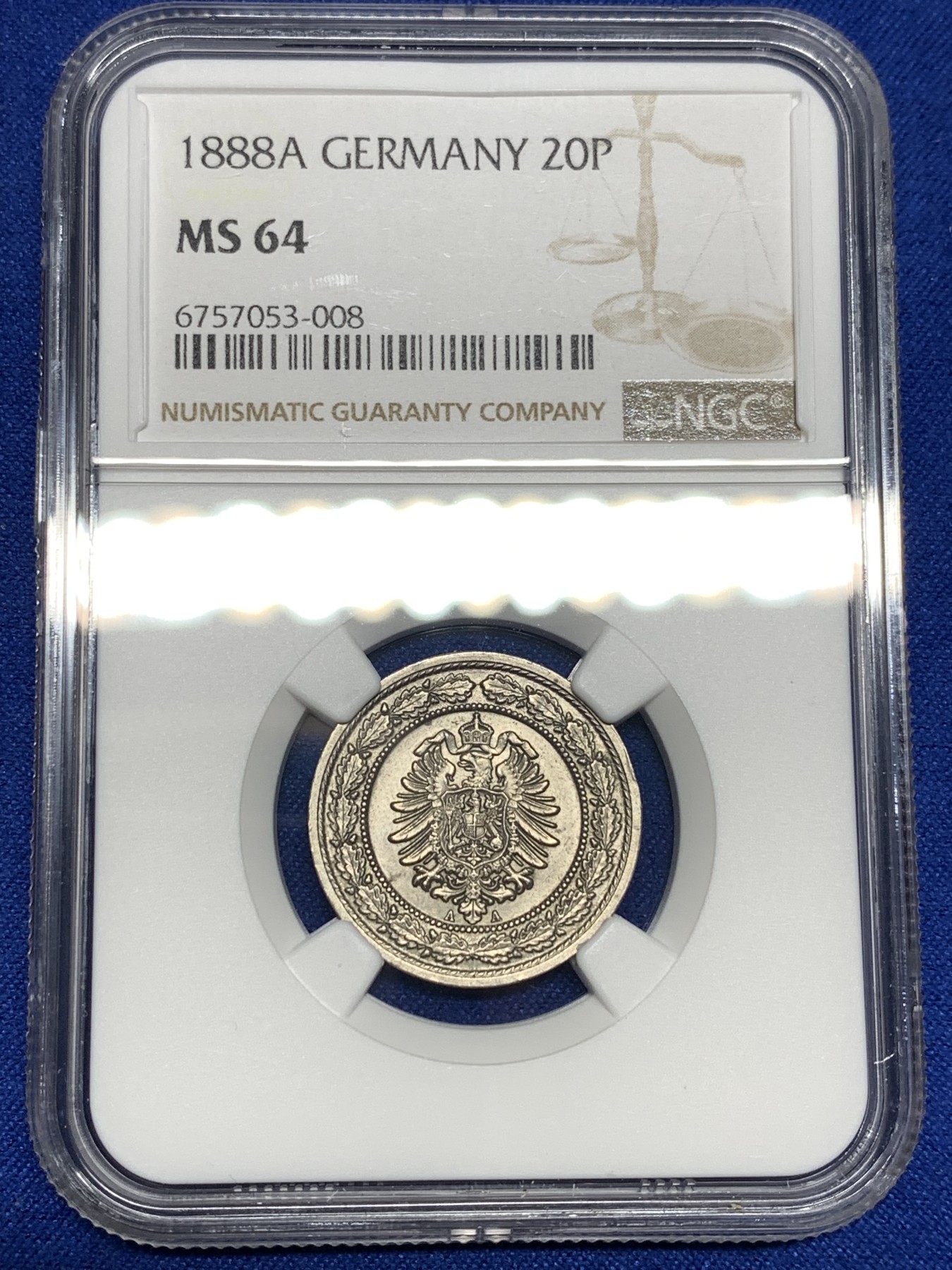 《竞宝斋》第198场-周日，周一 2场 (全场包邮) NGC MS64 1888年德国20芬尼 短翅高分 值得收藏！