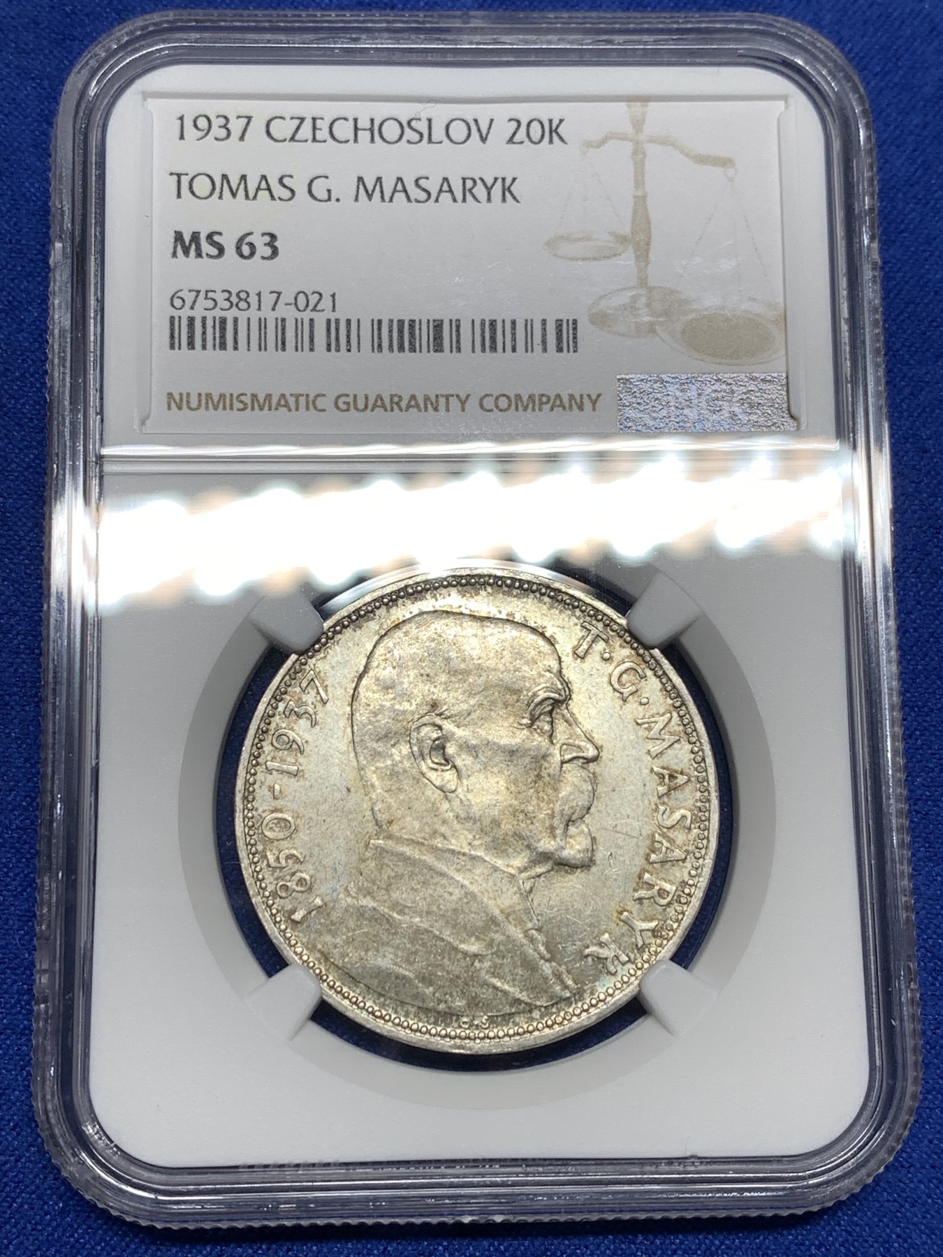 《竞宝斋》第198场-周日，周一 2场 (全场包邮) NGC-MS63 1937年捷克斯洛伐克20K银币，原光卷拆品，少见品种。