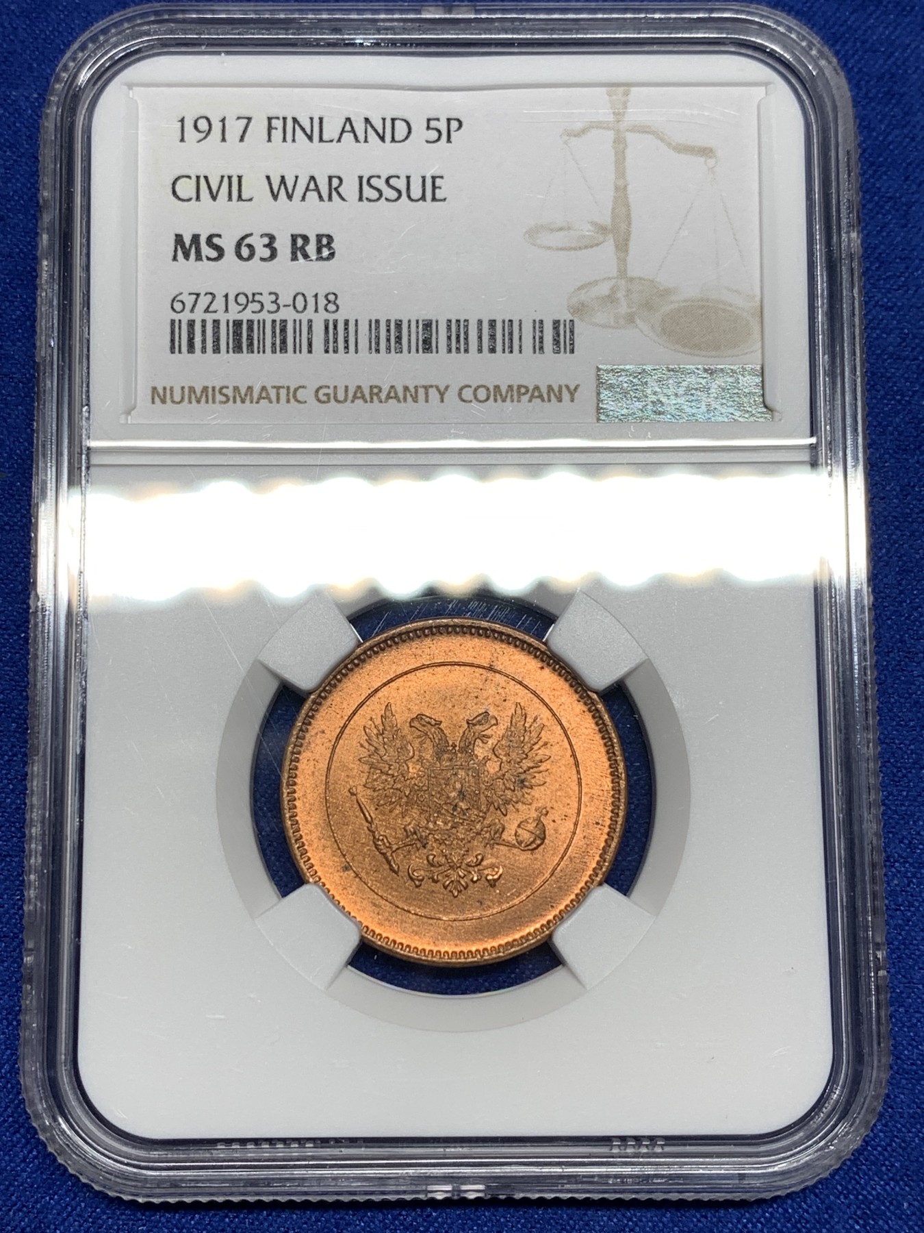 《竞宝斋》第198场-周日，周一 2场 (全场包邮) NGC MS63RB 俄占芬兰1917年克伦斯基临时政府5盆尼铜币