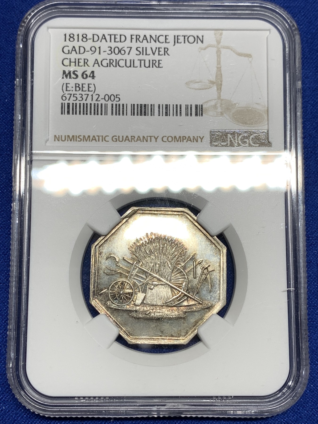 《竞宝斋》第198场-周日，周一 2场 (全场包邮) NGC MS64 1818年法国农业八角银质代币 深打细节完美 蜜蜂边铭 早期品种