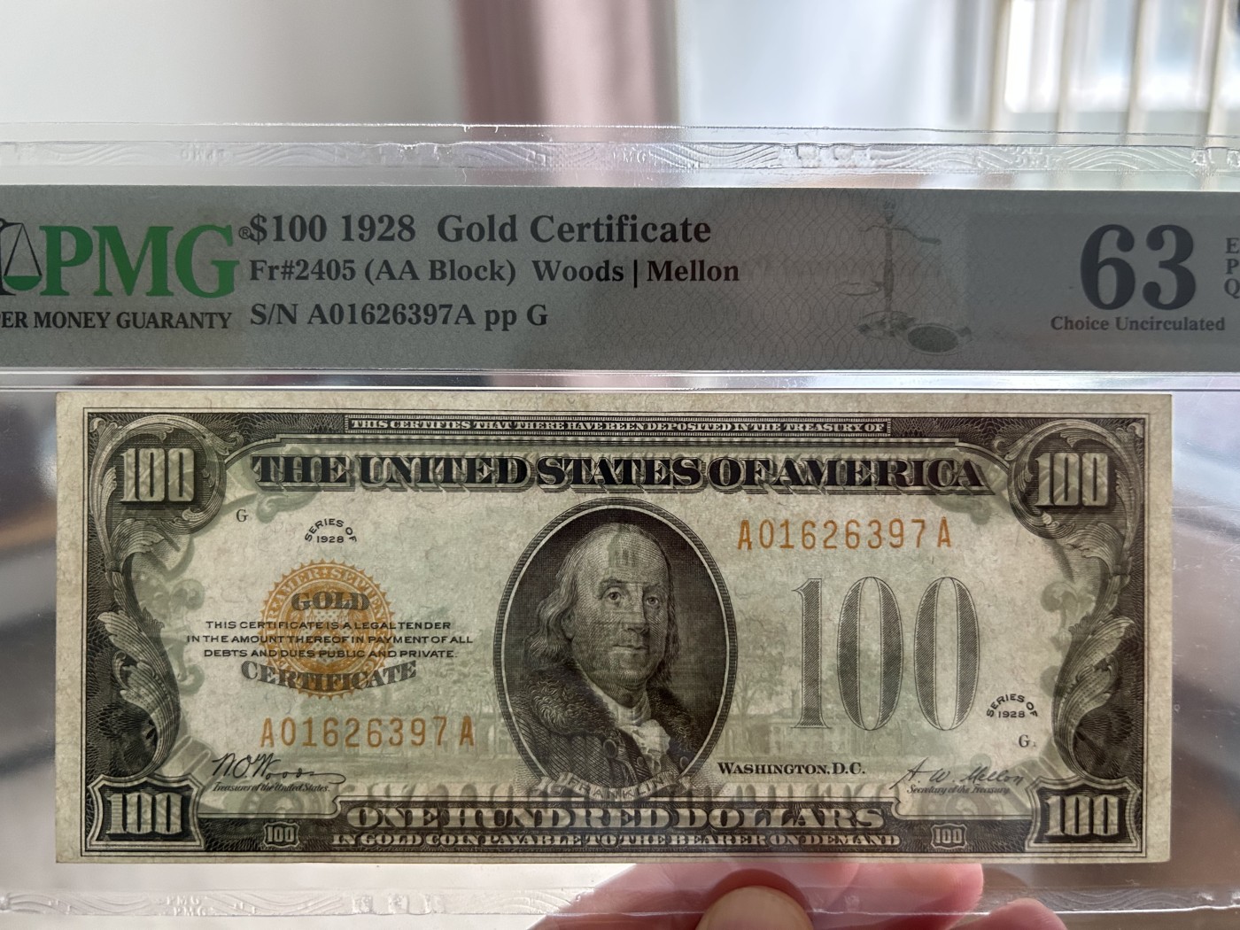 收藏联盟Quantum Auction 第289期拍卖  美国1928年金币券100元 PMG63E
