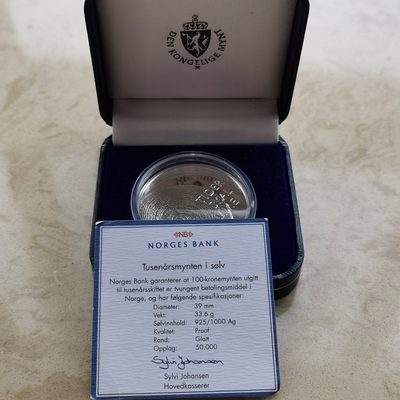 道一币馆币章第十二场 - 原盒证 挪威1999年千禧年纪念100克朗精制纪念银币