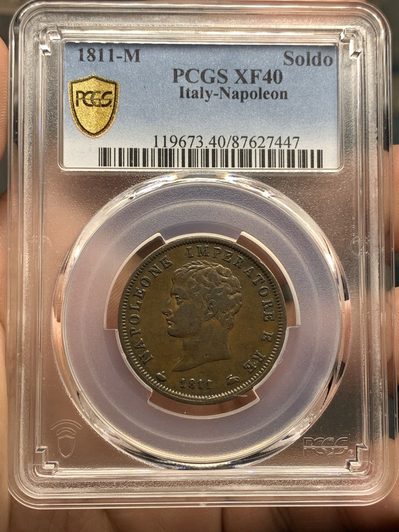 《竞宝斋》第198场-周日，周一 2场 (全场包邮) 亚军分 PCGS-XF40BN  1811M 拿破仑意大利1索尔迪大铜币，高分天价的品种，pc记录更高分仅1枚。拿皇+铁皇冠，眉眼清晰，给分保守。