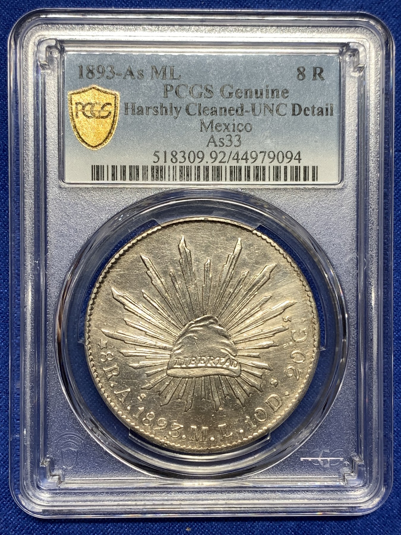 《竞宝斋》第198场-周日，周一 2场 (全场包邮) PCGS UNC 墨西哥1893年花边鹰洋8瑞尔银币 状态不错