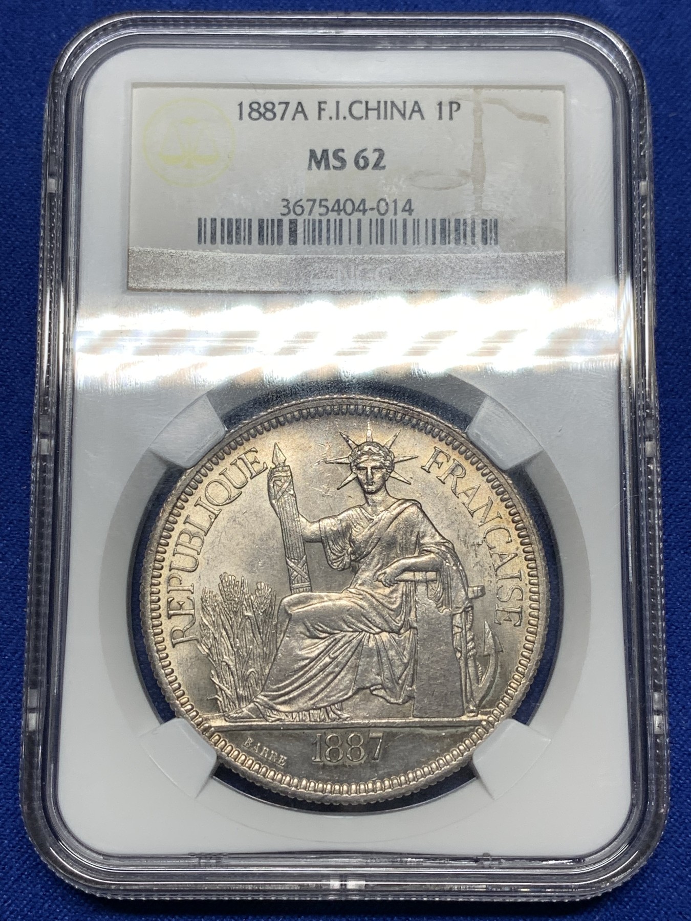 《竞宝斋》第198场-周日，周一 2场 (全场包邮) NGC-MS62 法属印支 1887年加重坐洋 1皮亚斯特 银币