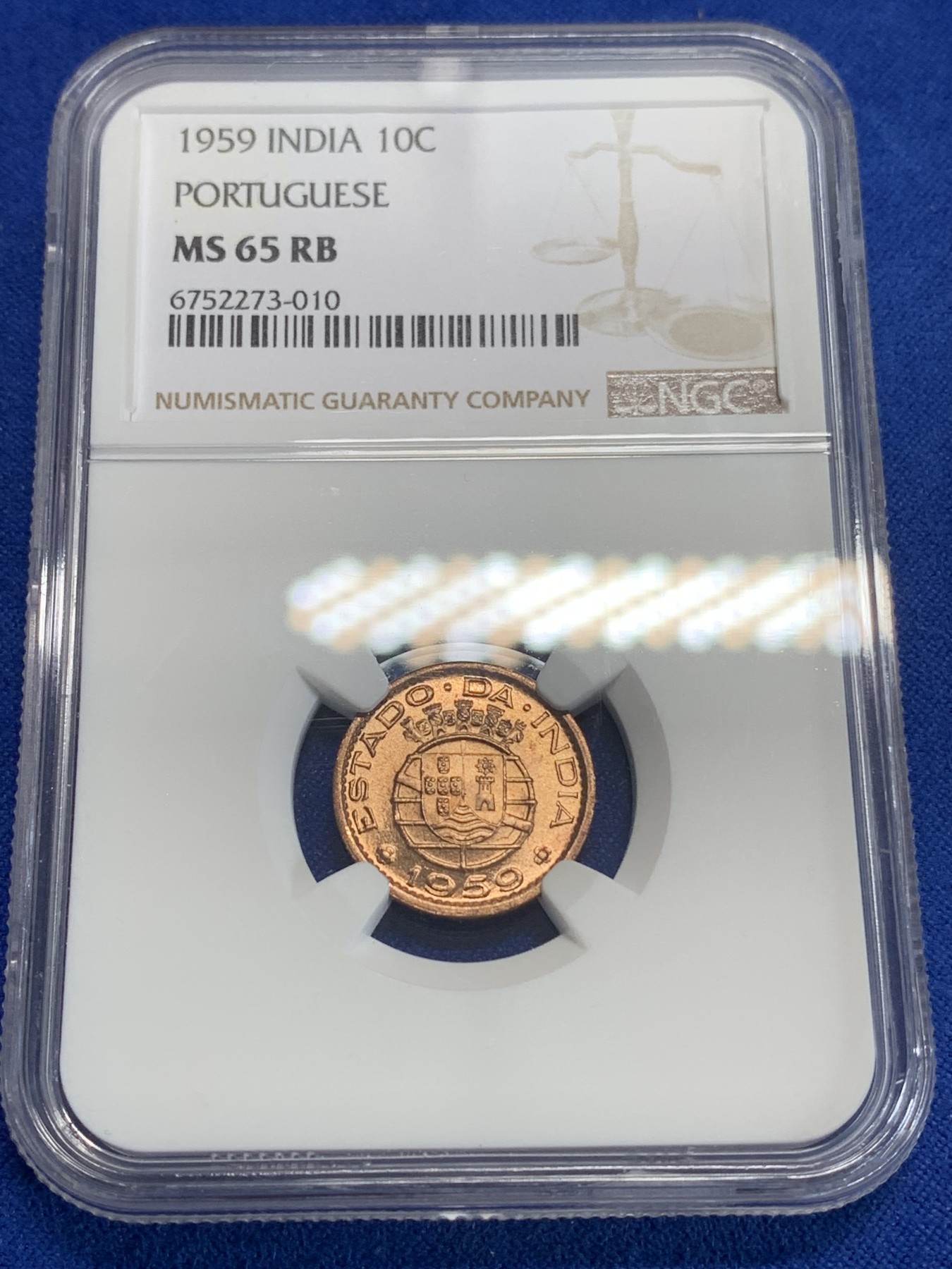 《竞宝斋》第198场-周日，周一 2场 (全场包邮) NGC MS65RB 葡属印度1959年10分铜币 高分强光好品