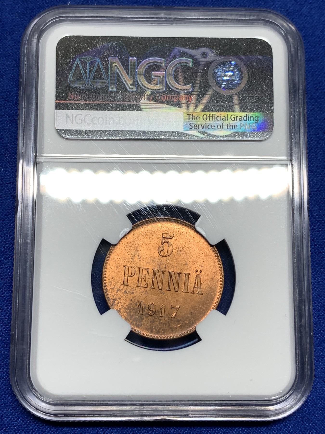 《竞宝斋》第198场-周日，周一 2场 (全场包邮) NGC MS63RB 俄占芬兰1917年克伦斯基临时政府5盆尼铜币