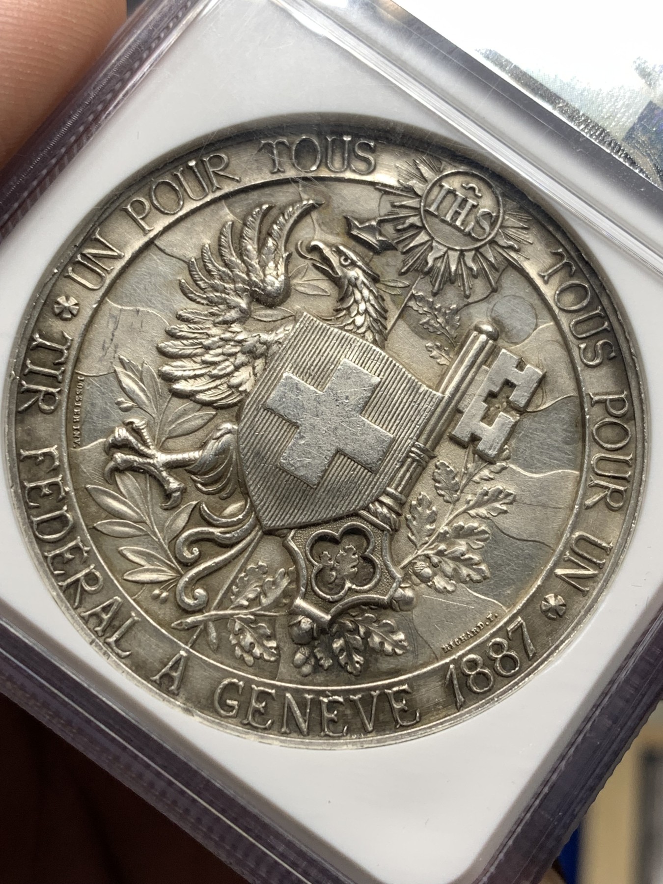 《竞宝斋》第198场-周日，周一 2场 (全场包邮) NGC UNC 瑞士1887日内瓦射击节银章 高浮雕