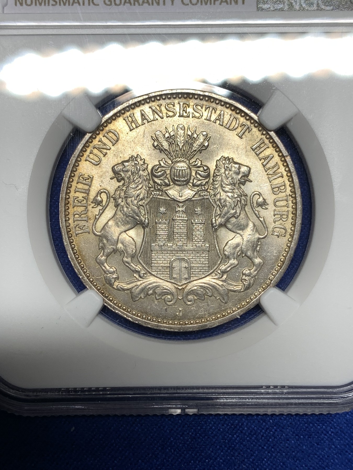 《竞宝斋》第198场-周日，周一 2场 (全场包邮) NGC MS64 1910年 德国汉堡双狮3马克银币