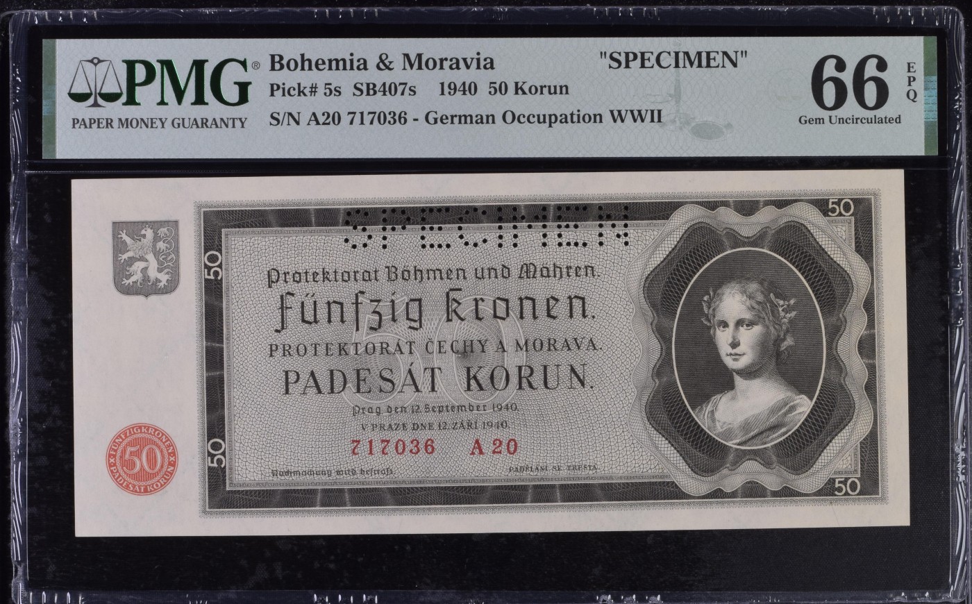 收藏联盟Quantum Auction 第290期拍卖  波西米亚和莫拉维亚1940年50克朗样票 PMG66