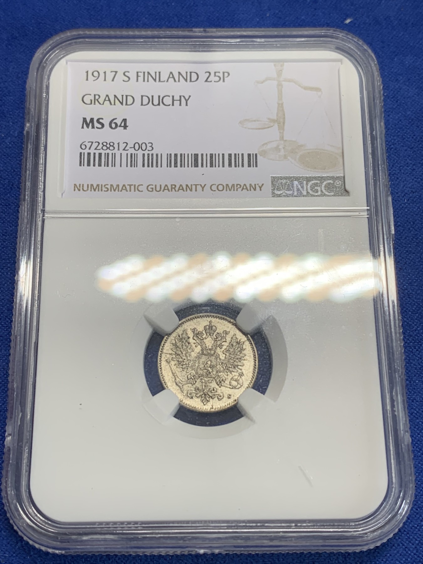 《竞宝斋》第198场-周日，周一 2场 (全场包邮) NGC MS64 俄占芬兰1917年25芬尼银币