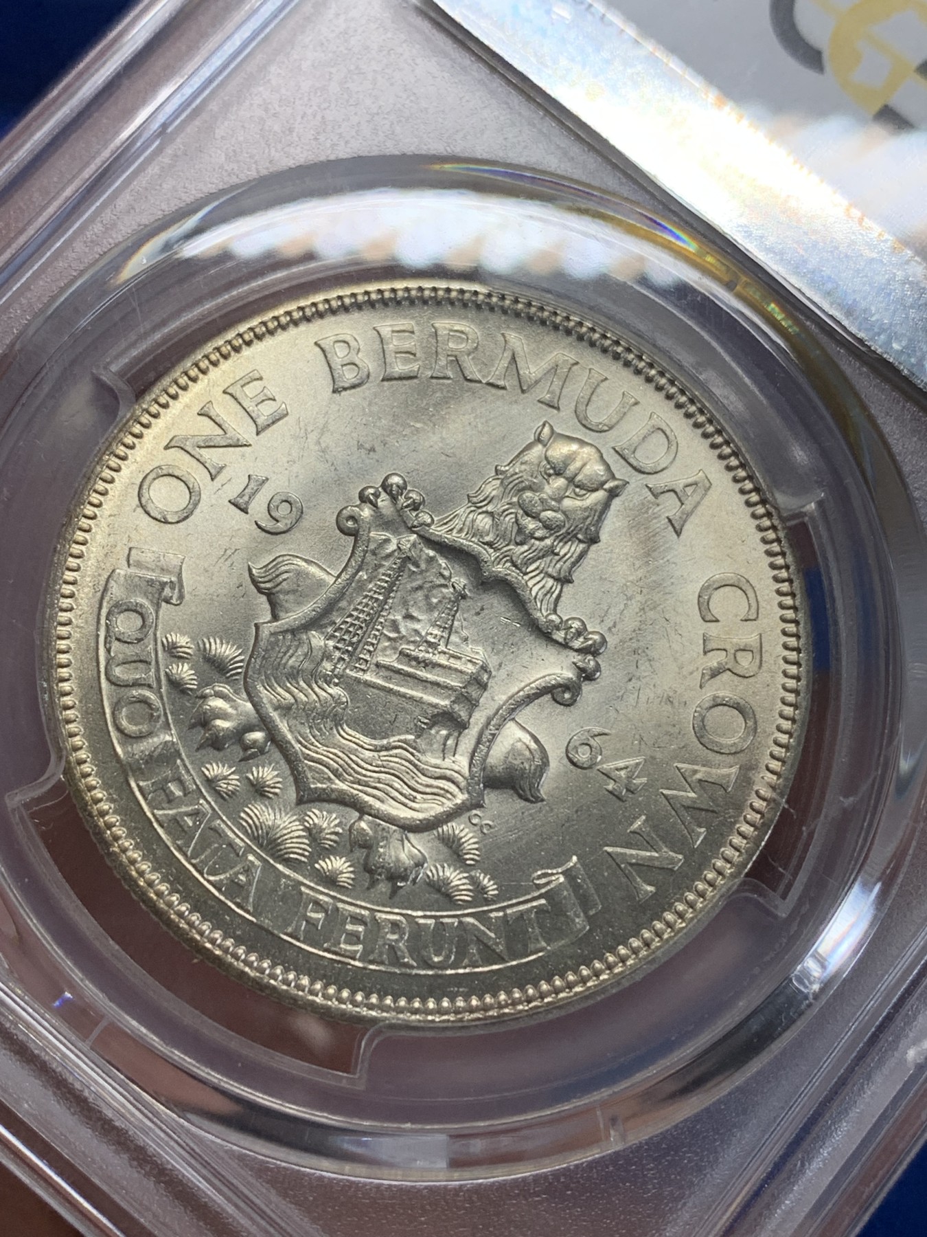 《竞宝斋》第198场-周日，周一 2场 (全场包邮) PCGS-MS64 英属百慕大群岛  1964年1克朗银币，黄油彩包浆