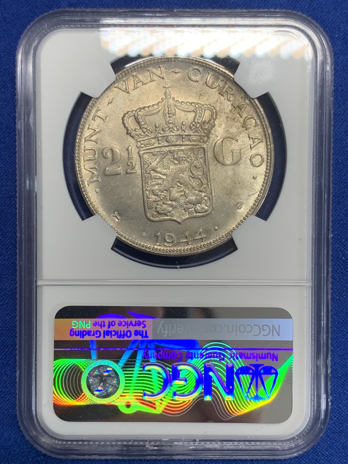 《竞宝斋》第198场-周日，周一 2场 (全场包邮) NGC MS62 荷属库拉索1944年威廉明娜2.5G大银币