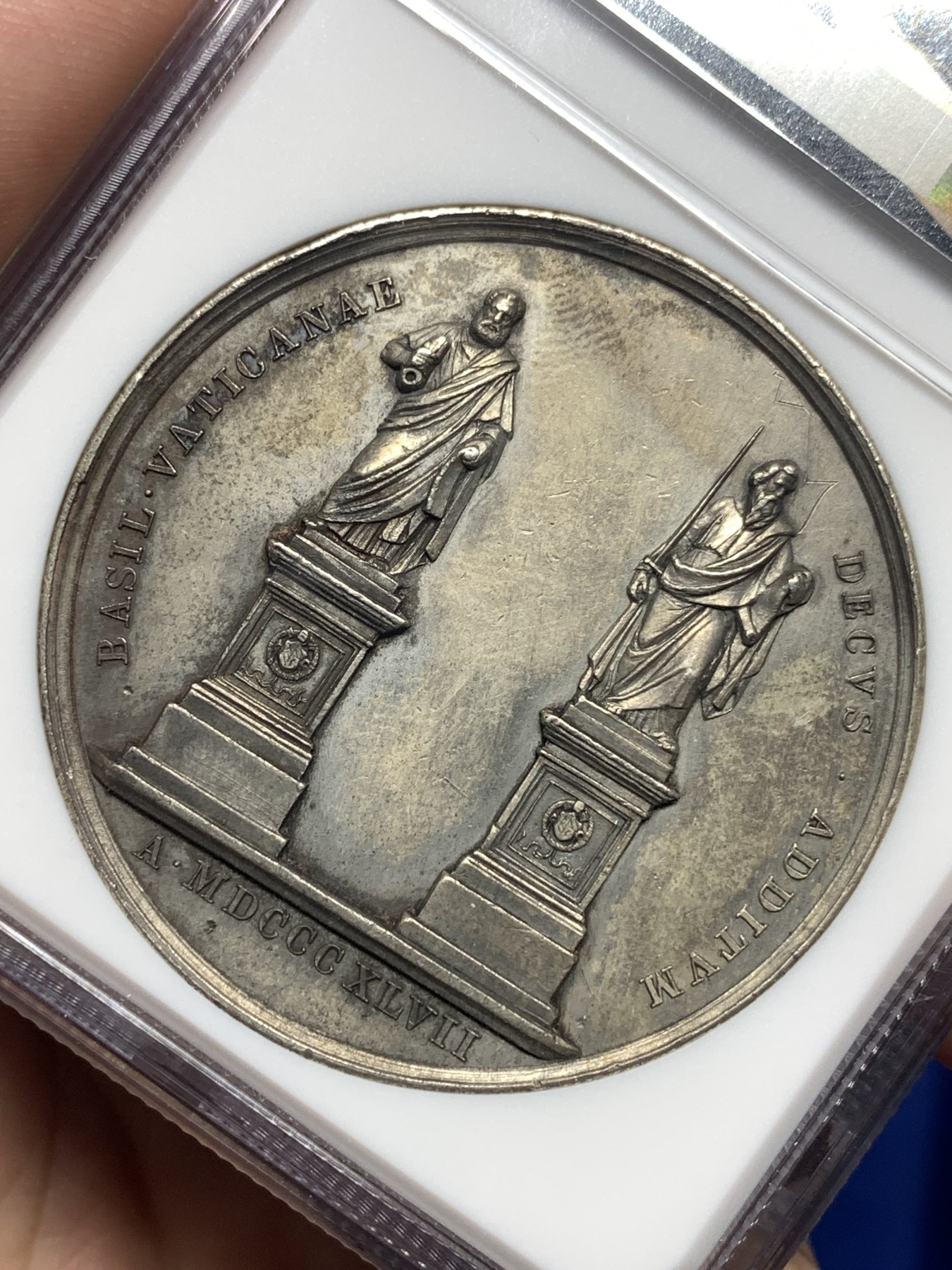 《竞宝斋》第198场-周日，周一 2场 (全场包邮) NGC AUD 1847梵蒂冈庇护九世镀银铜章 加厚盒装