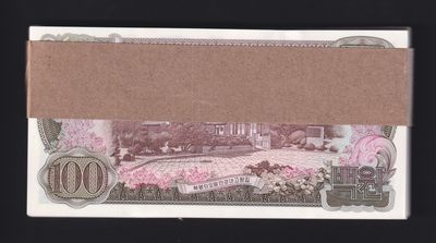 草稿银行第十一期国内外钞票硬币拍卖 朝鲜1978年100圆  100张连号 双千里马水印 全新品相