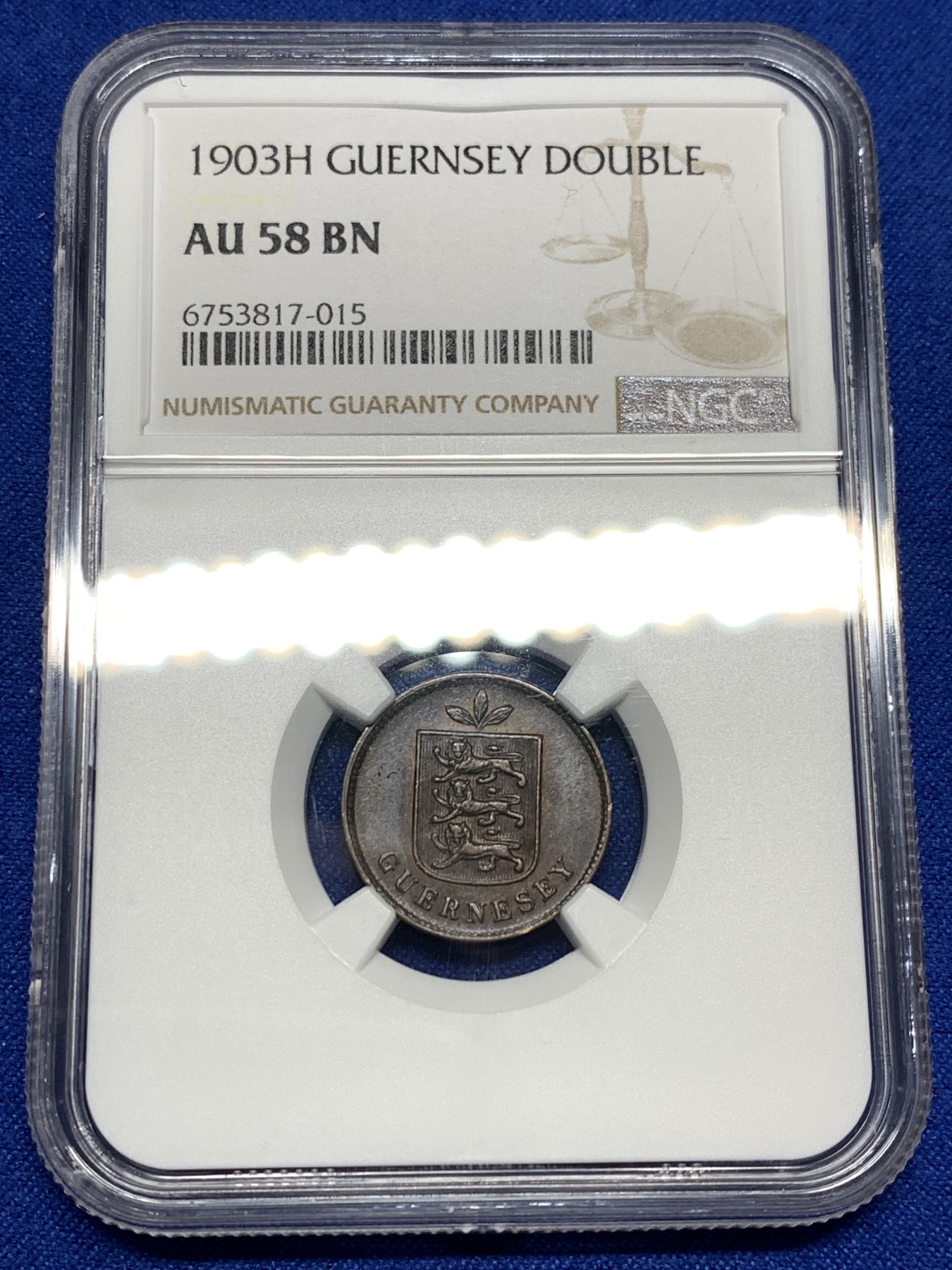 《竞宝斋》第198场-周日，周一 2场 (全场包邮) NGC-AU58BN 1903年根西爱德华七世1D铜币，品相精美，保存不易。