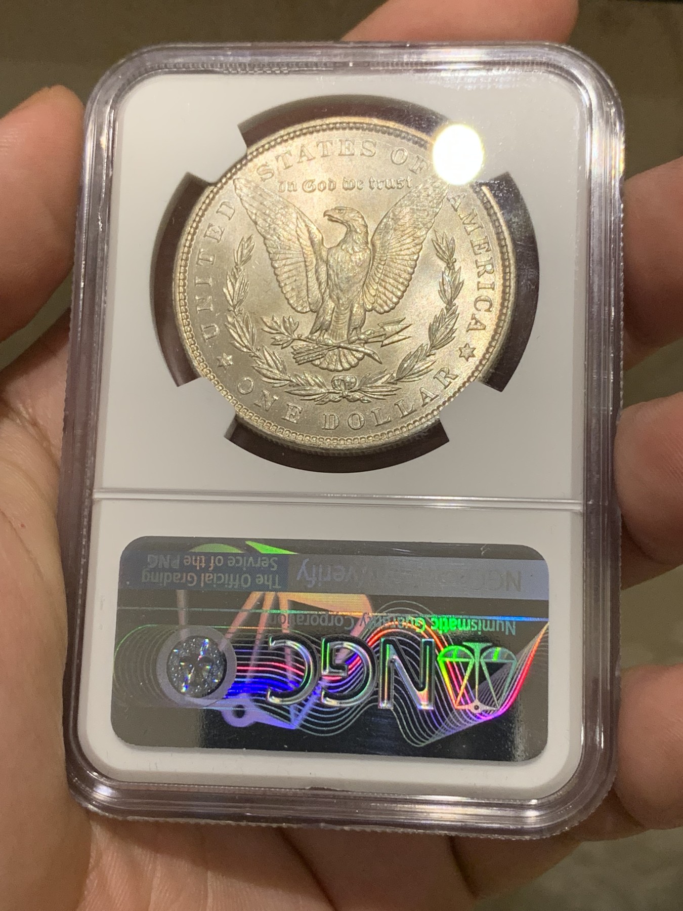 《竞宝斋》第198场-周日，周一 2场 (全场包邮) NGC-MS63 美国 1887年 摩根银币1美元 淡紫色包浆 转光感强烈