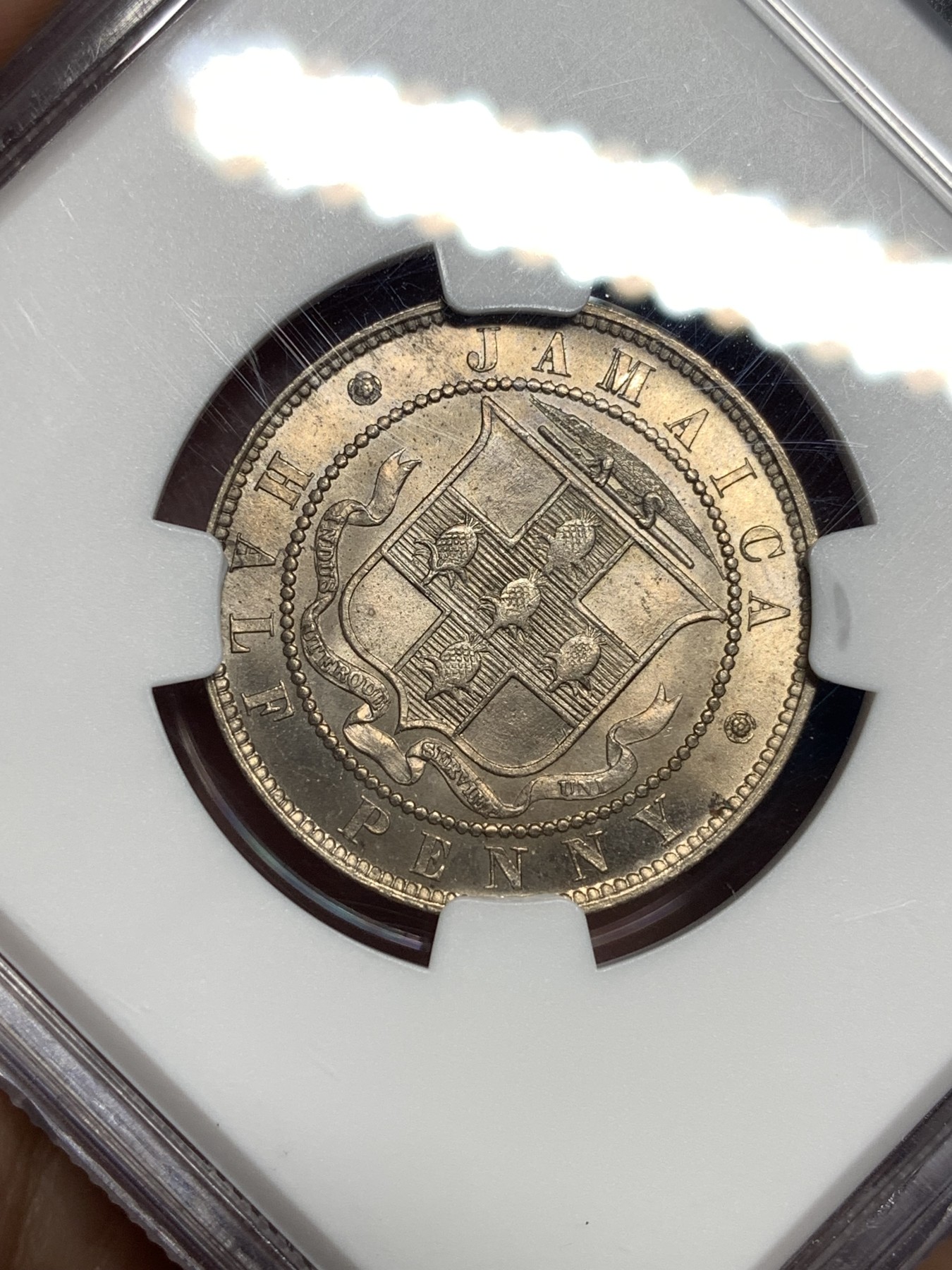 《竞宝斋》第198场-周日，周一 2场 (全场包邮) NGC-MS64 高分 牙买加1888年半便士铜镍币 转光好品