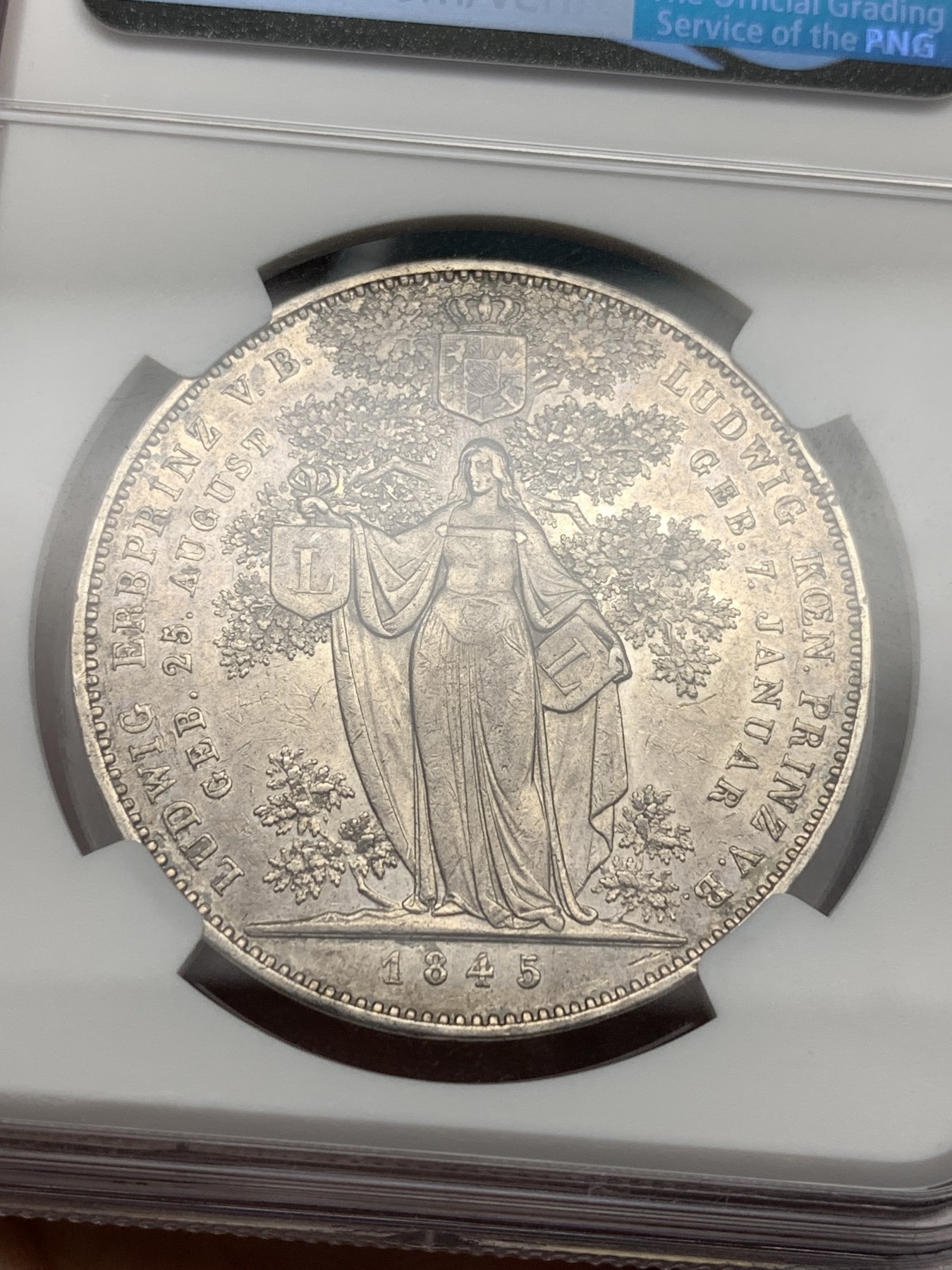 《竞宝斋》第198场-周日，周一 2场 (全场包邮) NGC AU55 德国 巴伐利亚 1845年 路德维希一世 皇孙纪念2泰勒大银币 非常热门的路德维希历史系2泰勒大银币 少见品种