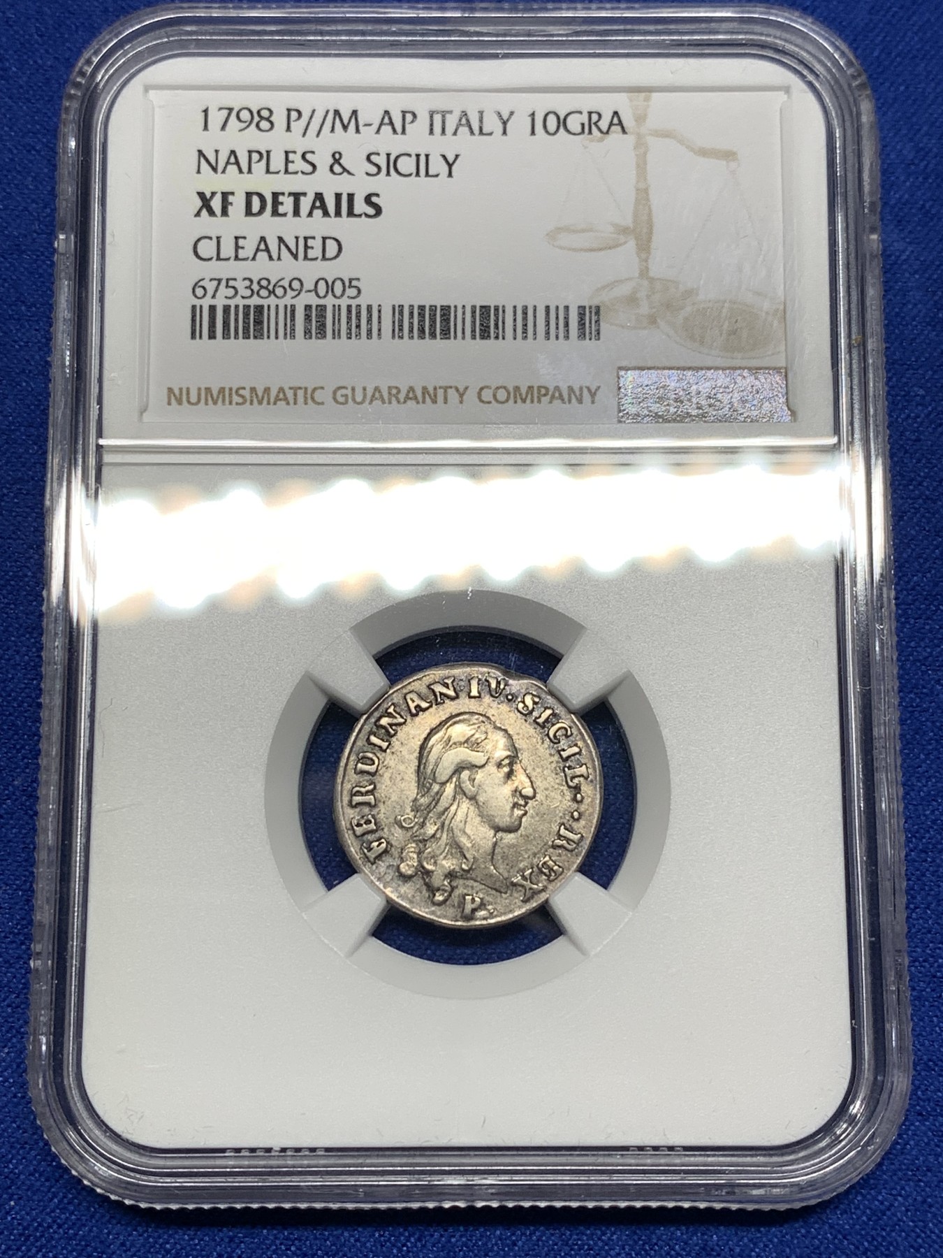 《竞宝斋》第198场-周日，周一 2场 (全场包邮) NGC-XF DETAILS 意大利 1789年 那不勒斯及西西里10GAR 银币
