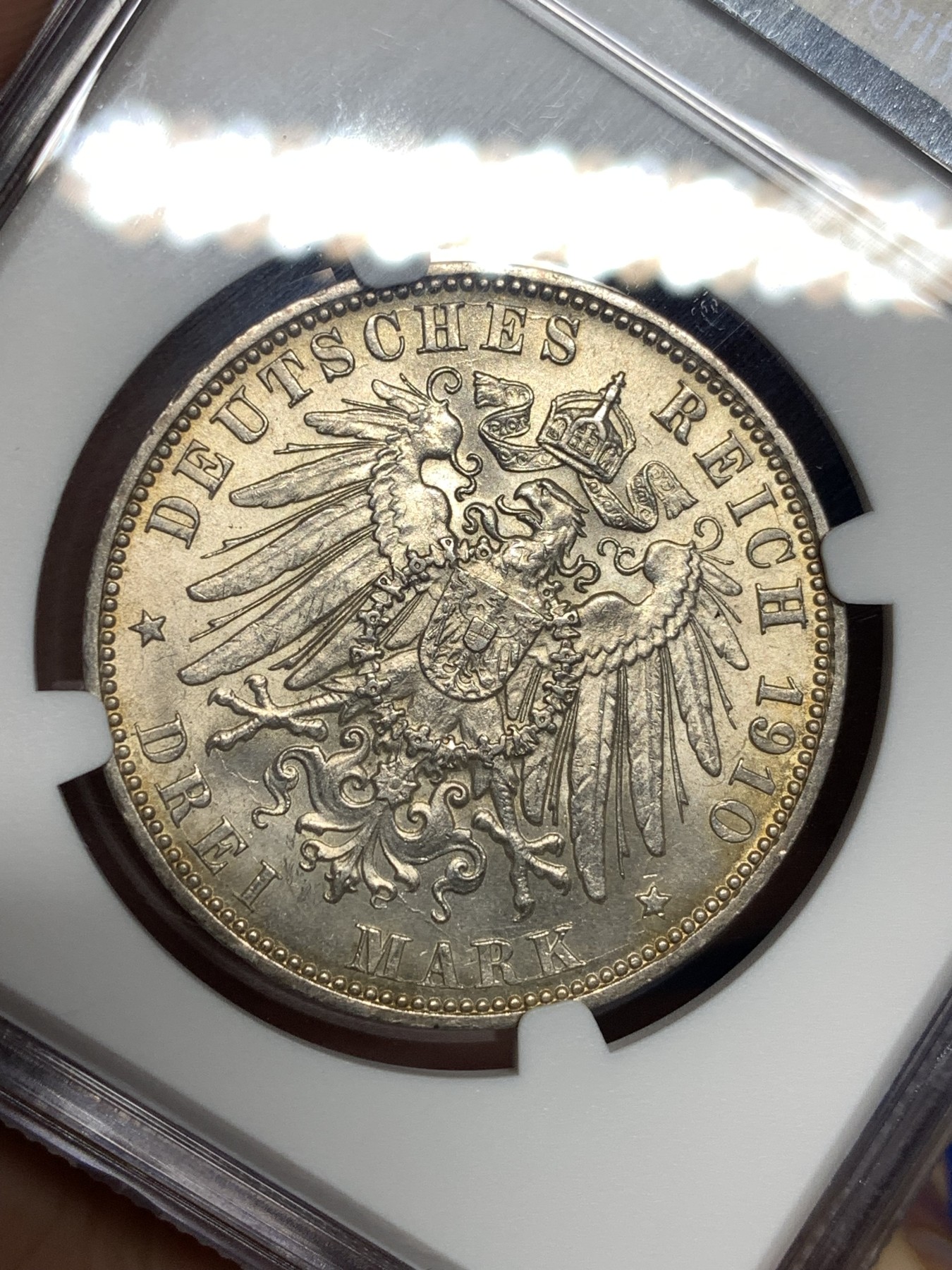 《竞宝斋》第198场-周日，周一 2场 (全场包邮) NGC MS64 1910年 德国汉堡双狮3马克银币