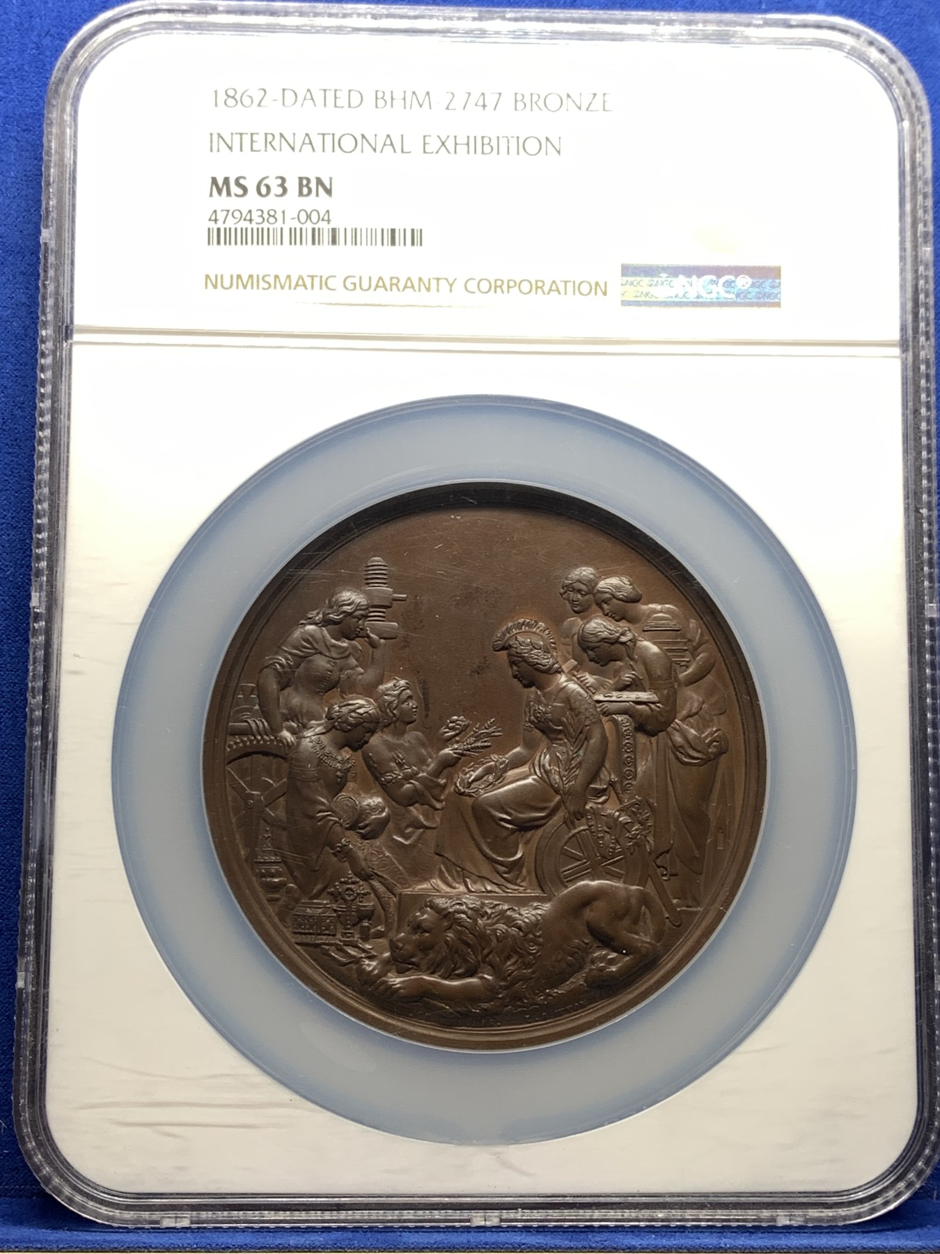 《竞宝斋》第198场-周日，周一 2场 (全场包邮) NGC MS63BN 英国 1862年 世界博览会纪念铜章 伦敦造币局制作 76mm大规格 加厚大盒封装 手感满满 早期英章必备