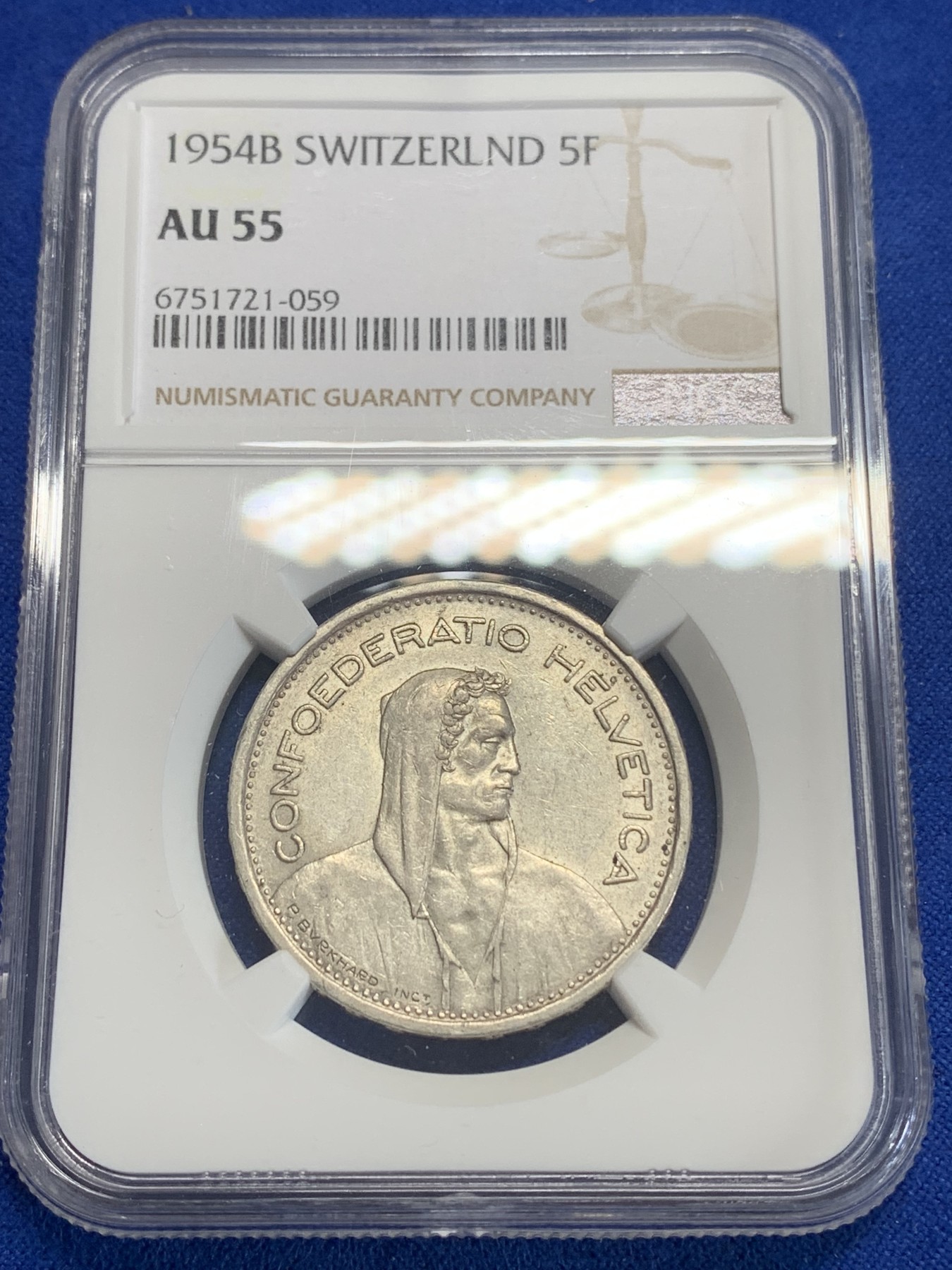 《竞宝斋》第198场-周日，周一 2场 (全场包邮) NGC AU55 1954年瑞士5法郎银币