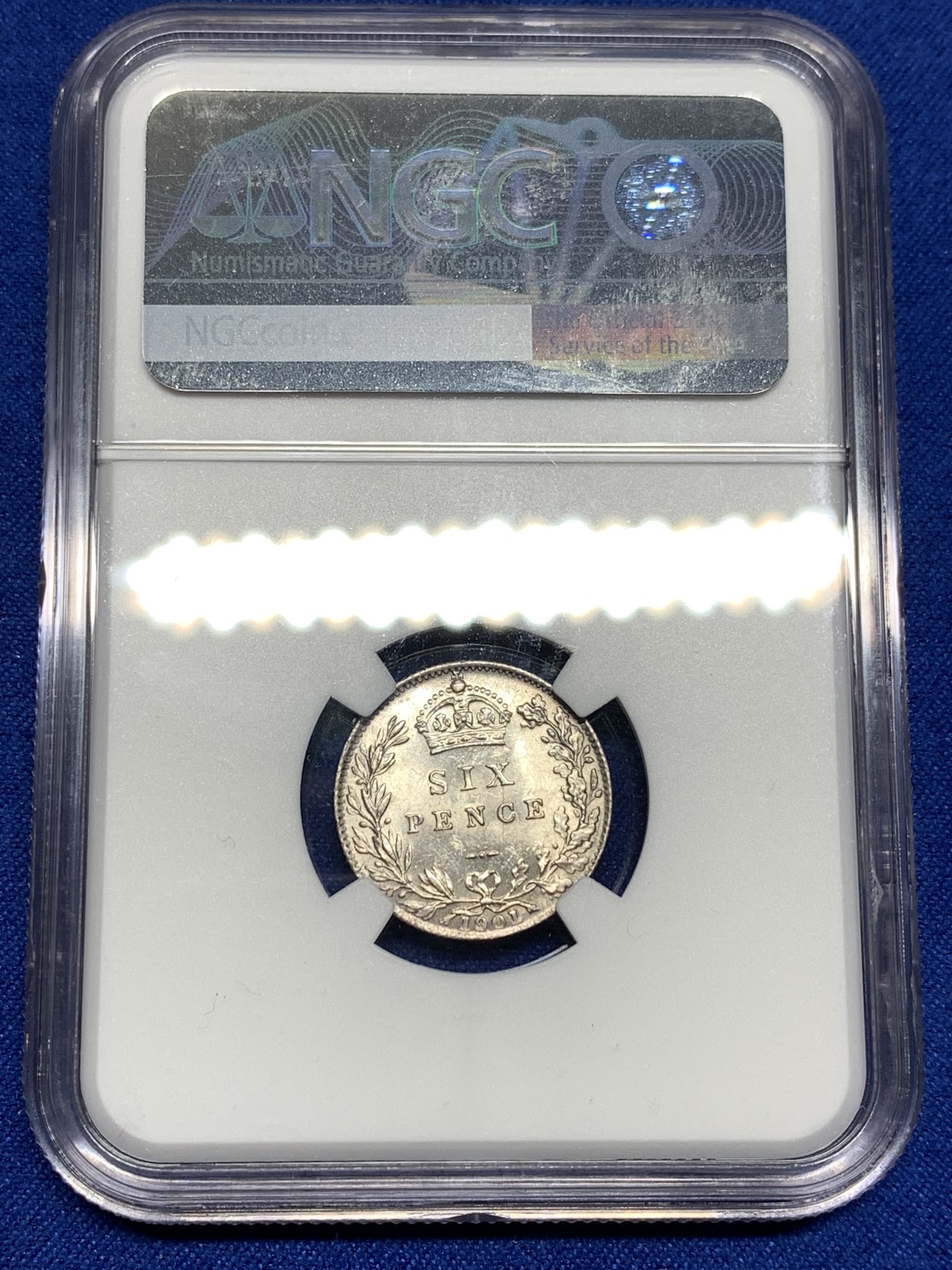 《竞宝斋》第198场-周日，周一 2场 (全场包邮) NGC-MS63 英国1901老维6便士银币 包浆漂亮