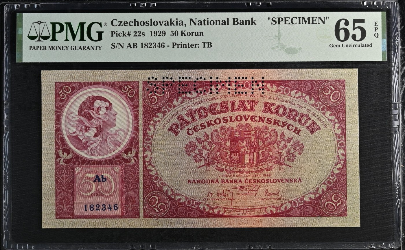 收藏联盟Quantum Auction 第290期拍卖  捷克斯洛伐克1929年50克朗样票 PMG65 捷克国宝级艺术家穆夏作品 稀少