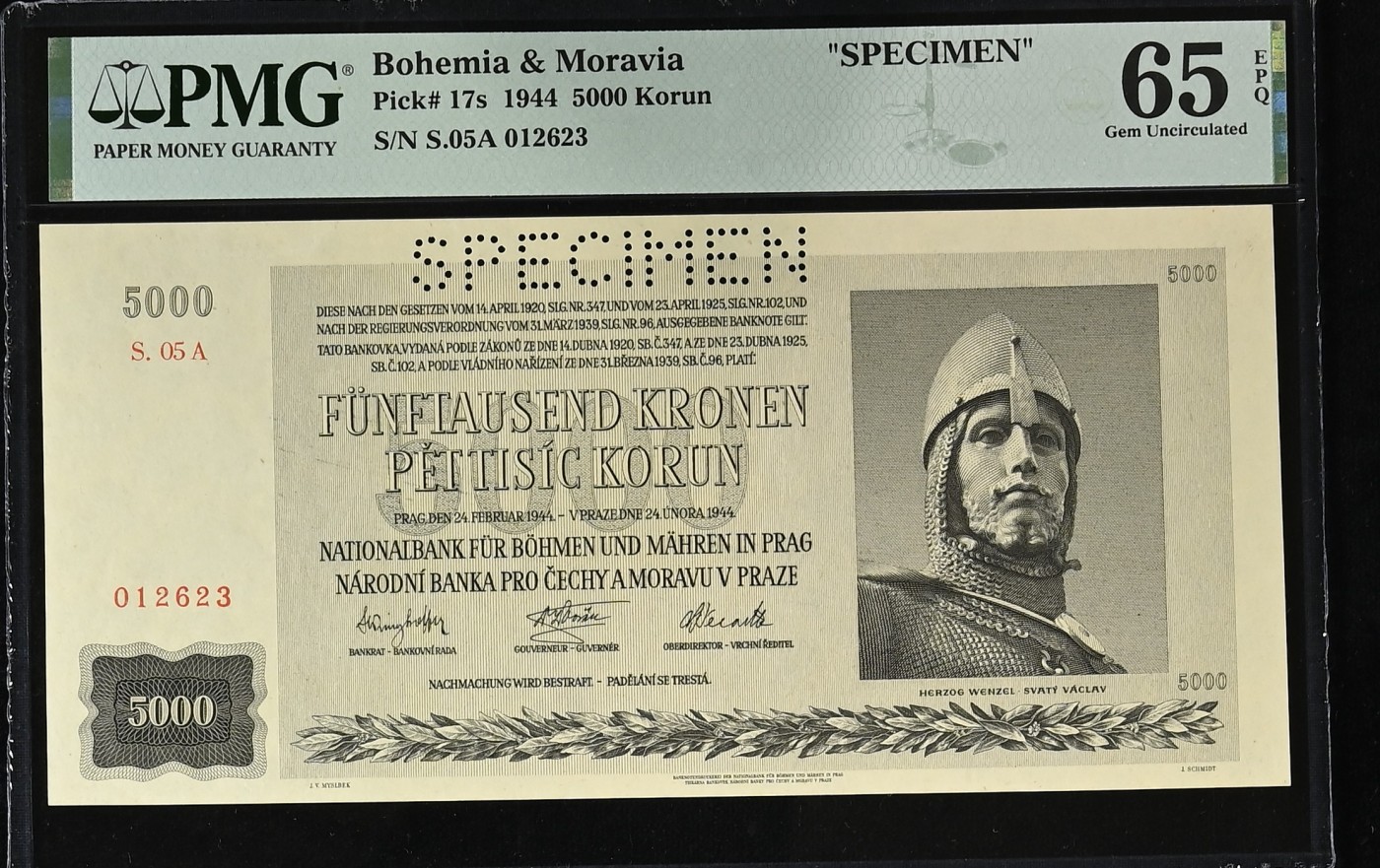 收藏联盟Quantum Auction 第290期拍卖  波西米亚和莫拉维亚1944年5000克朗样票 PMG65