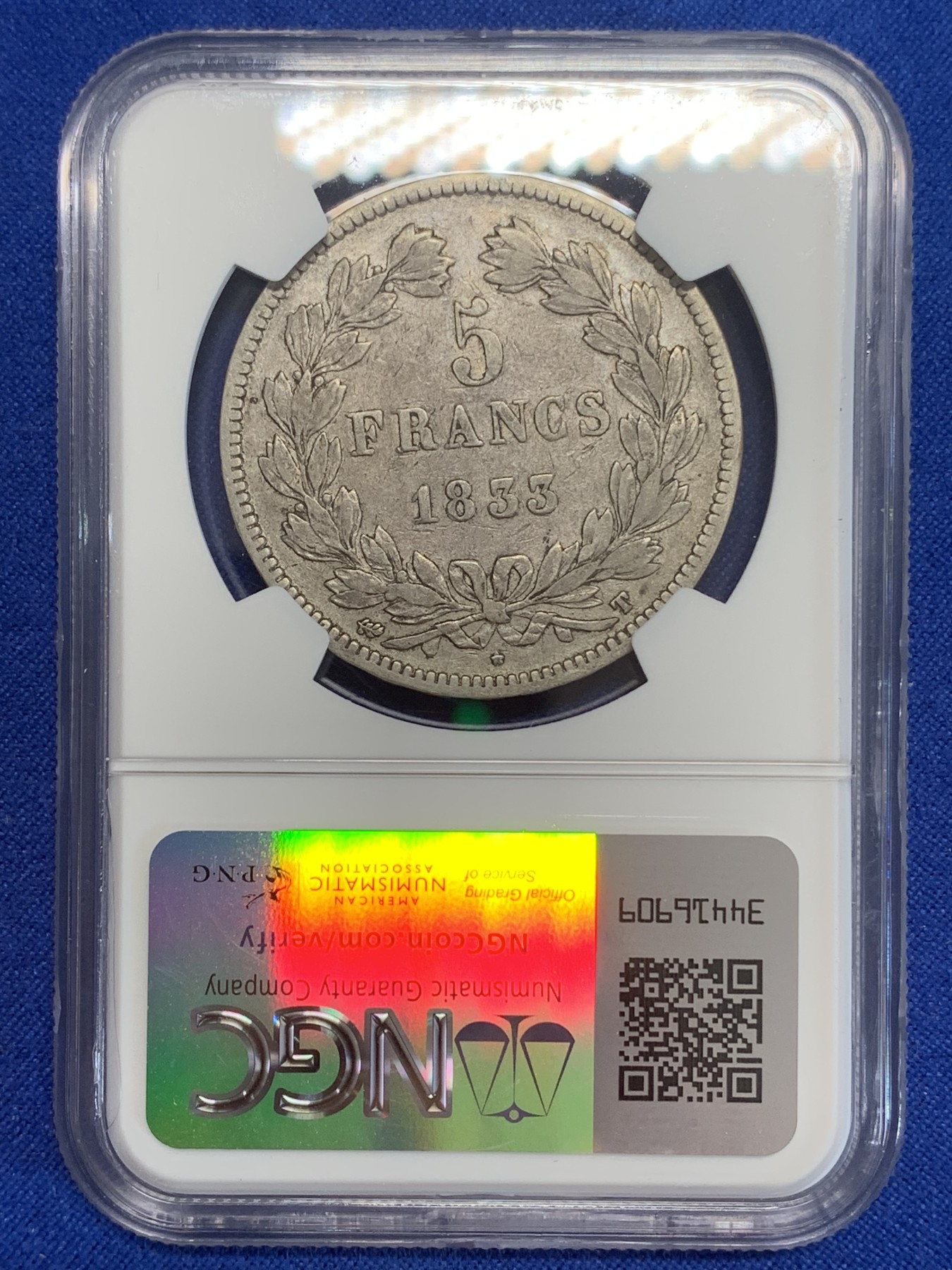 《竞宝斋》第198场-周日，周一 2场 (全场包邮) NGC VF25 法国1833T菲利普5法郎银币 少见厂别