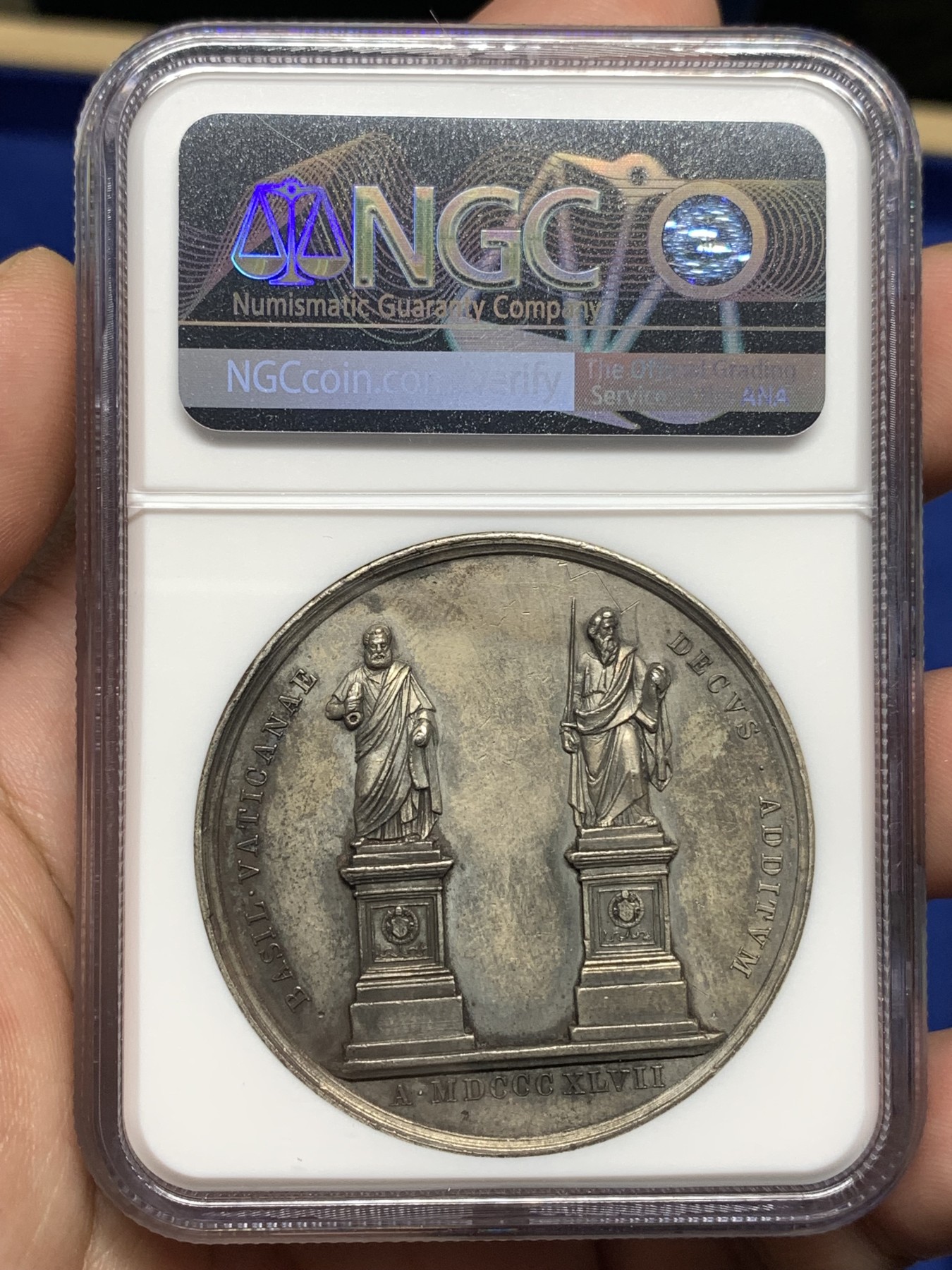 《竞宝斋》第198场-周日，周一 2场 (全场包邮) NGC AUD 1847梵蒂冈庇护九世镀银铜章 加厚盒装