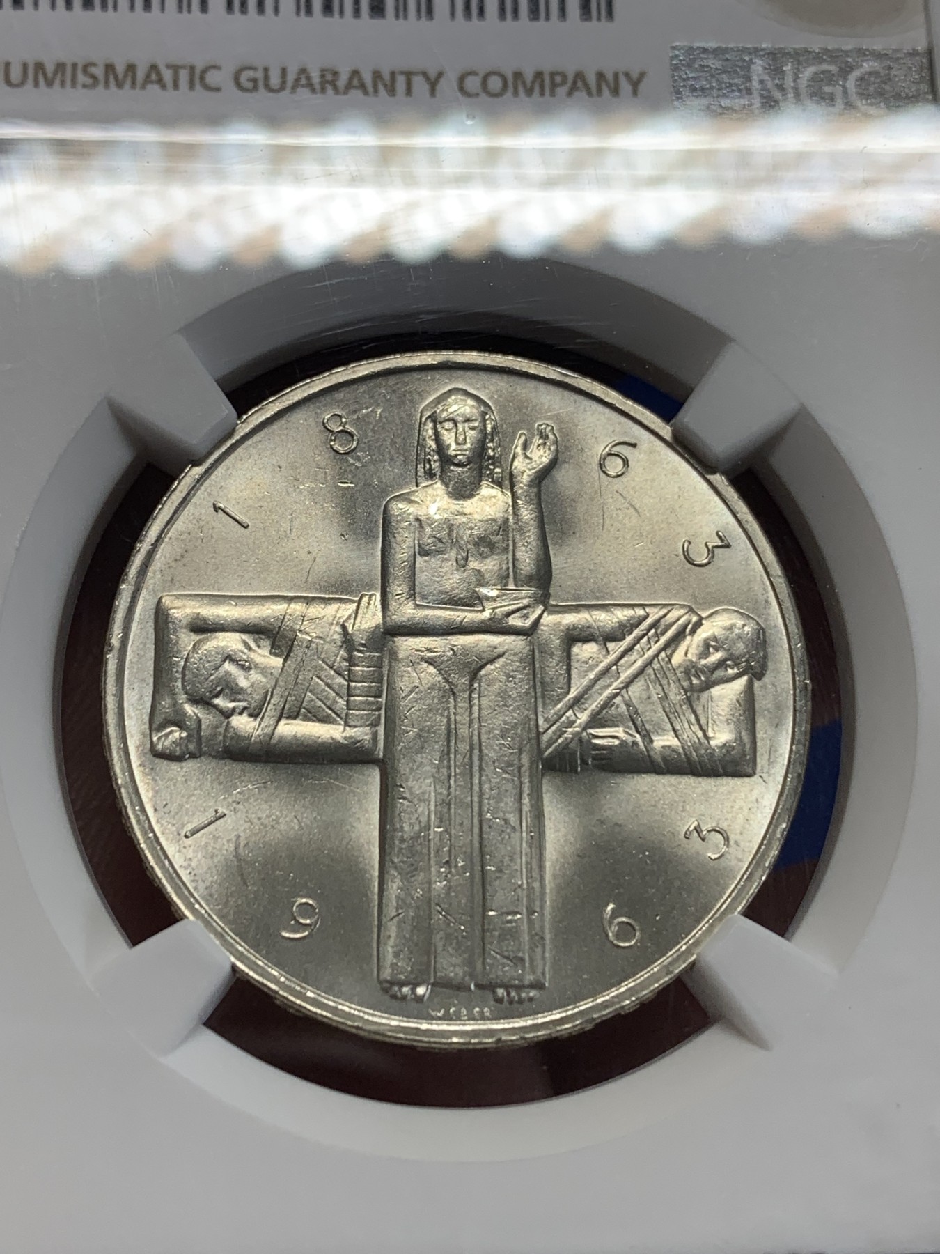 《竞宝斋》第198场-周日，周一 2场 (全场包邮) NGC-MS63 瑞士1963年国际红十字会成立百年纪念5法郎银币