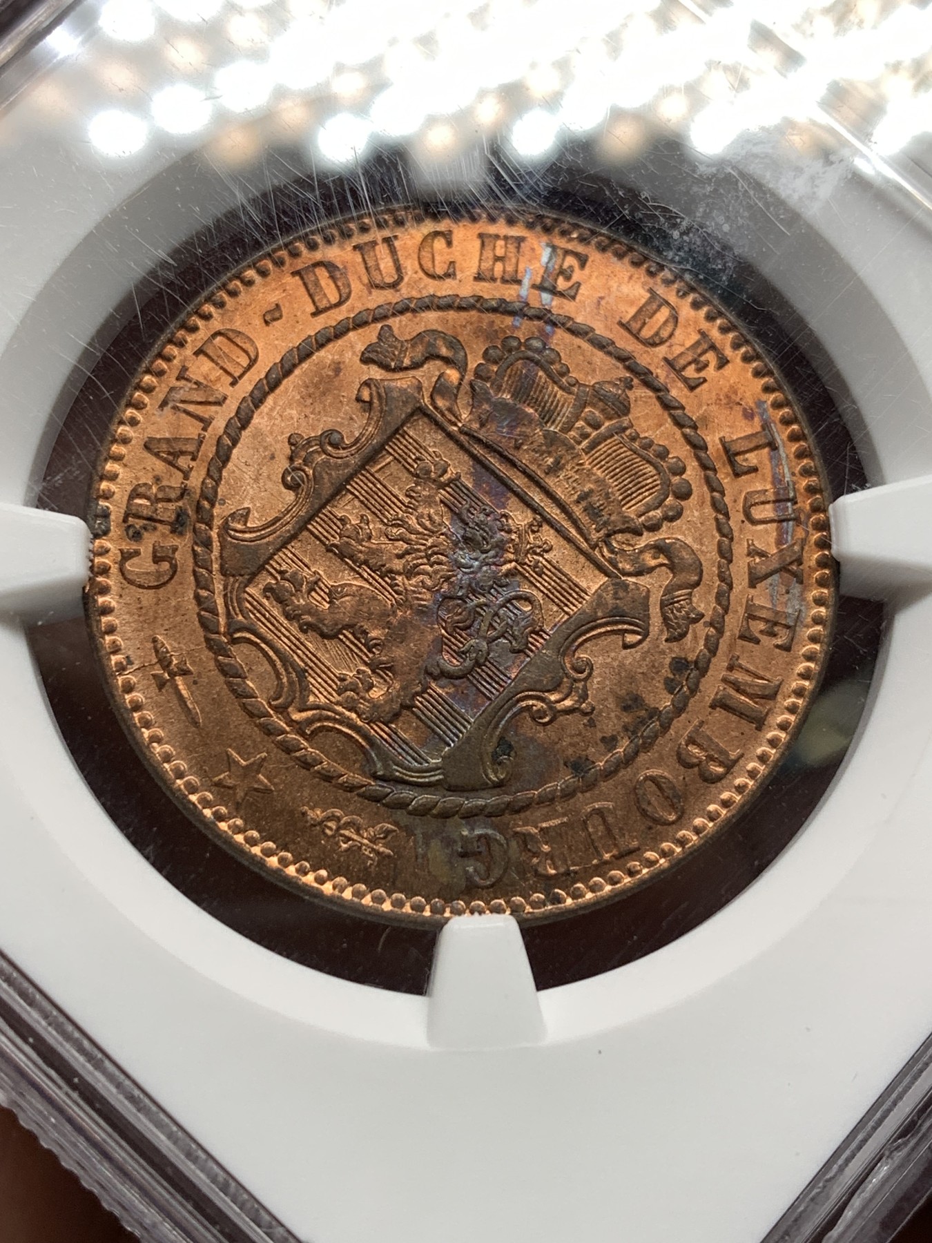 《竞宝斋》第198场-周日，周一 2场 (全场包邮) NGC-UNCD 1870年卢森堡10C大铜币，十分少见，品相十分精美