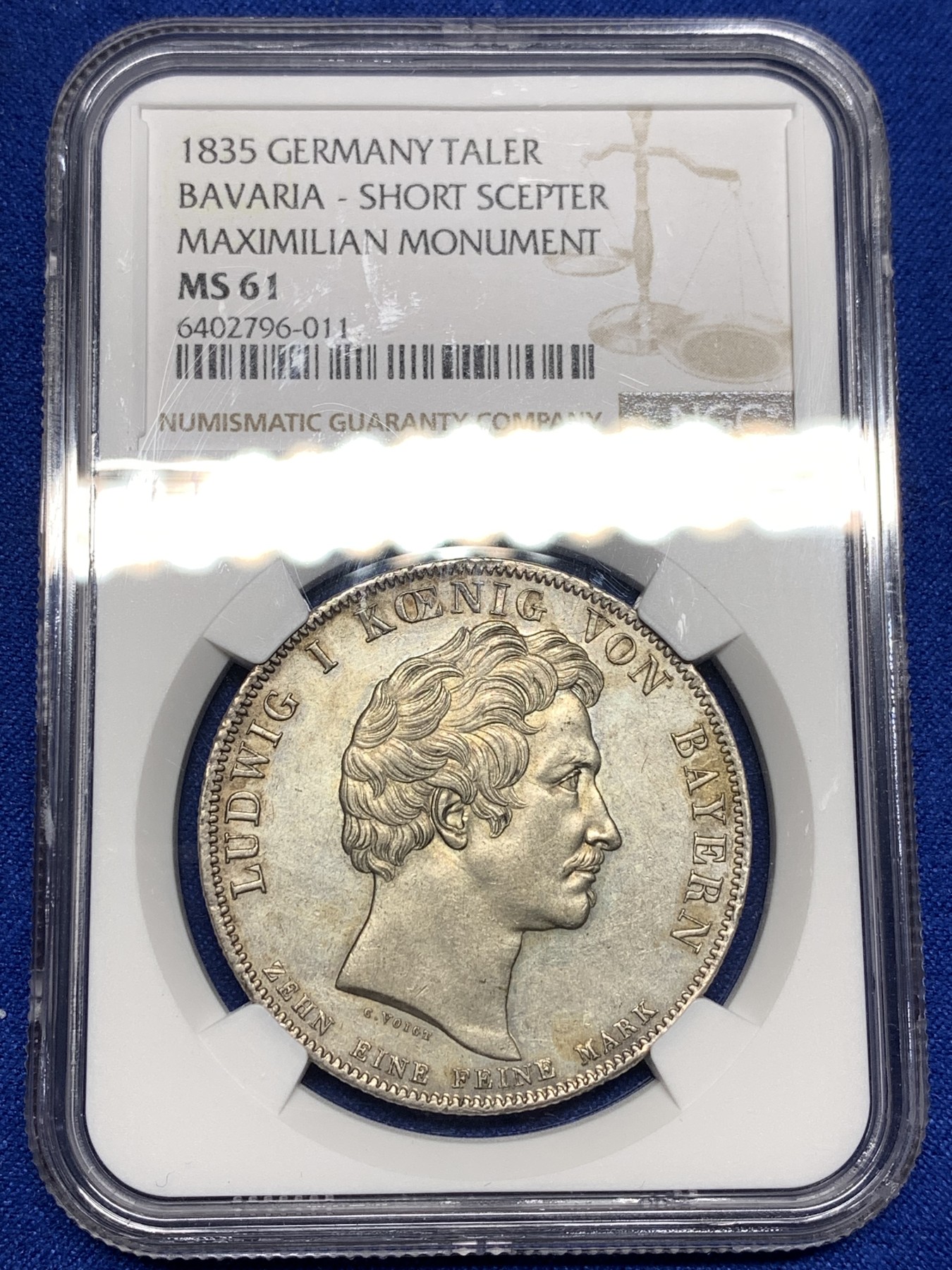 《竞宝斋》第198场-周日，周一 2场 (全场包邮) NGC MS61 德国 巴伐利亚 1835年  马克西米利安·约瑟夫国王纪念碑 泰勒银币 细节包浆都很好 难得品种